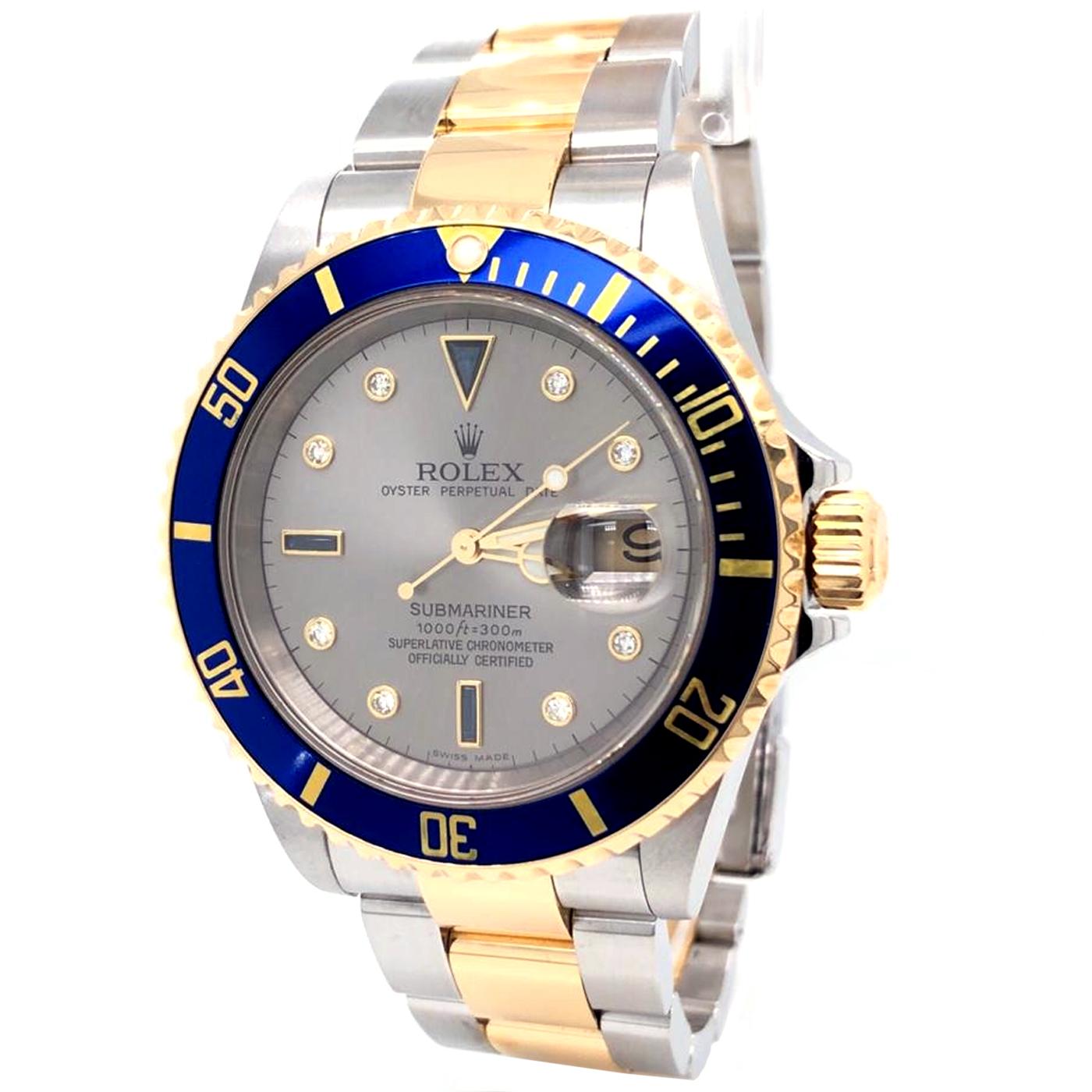 Rolex Submariner Steel Gold Slate Diamond Sapphire Serti Men's Watch 16613. Officially certified chronometer automatic self-winding movement. Stainless steel and 18k yellow gold case 40 mm in diameter. Rolex logo on a crown. Blue insert special