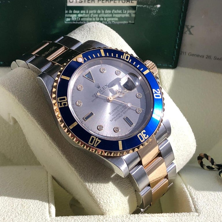 Rolex Submariner Date Auto Steel Gold Diamonds Mens Oyster Bracelet Watch  16613 at 1stDibs