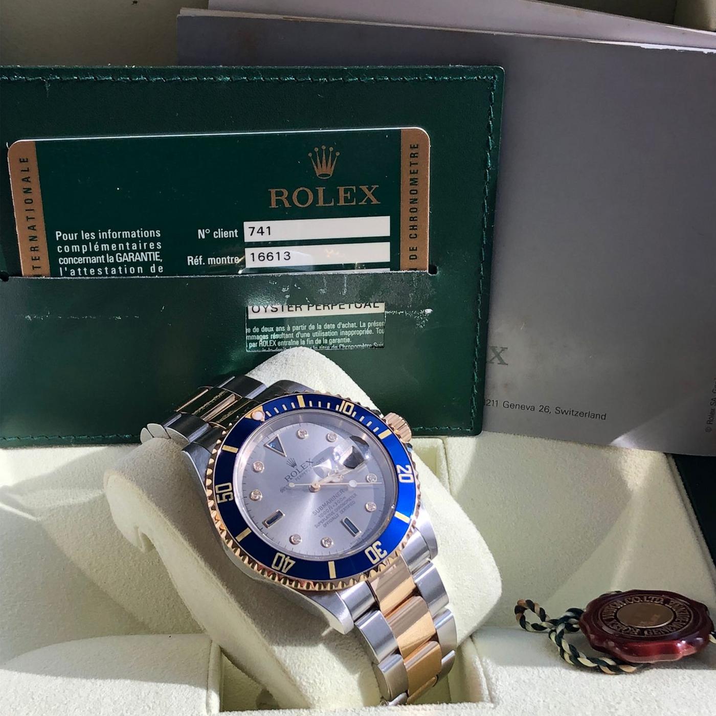 Rolex Submariner Date Auto Steel Gold Diamonds Mens Oyster Bracelet Watch 16613 1