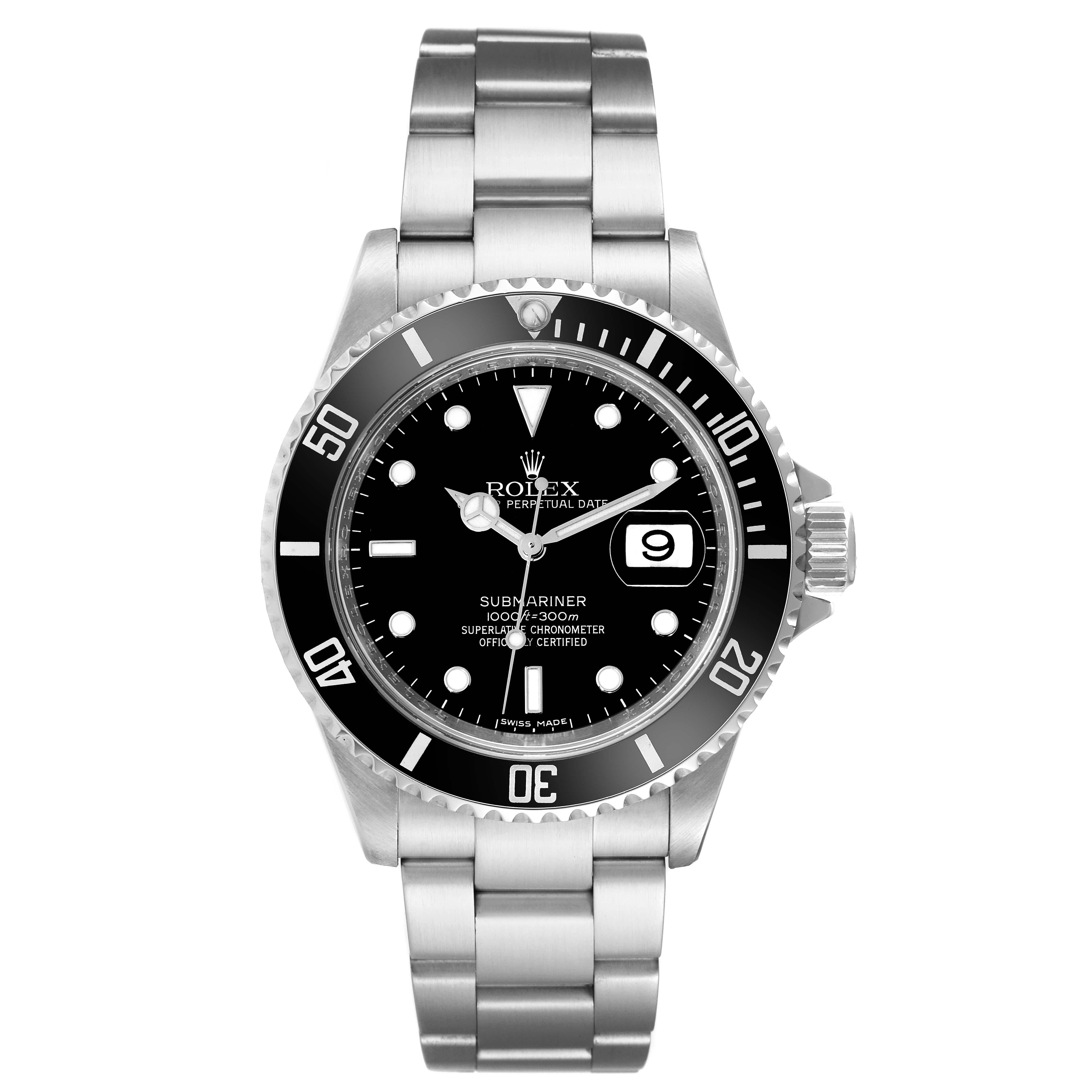 Rolex Submariner Date Black Dial 4 Liner Steel Mens Watch 16610 Box Card. Officially certified chronometer automatic self-winding movement. Stainless steel case 40.0 mm in diameter. Rolex logo on the crown. Special time-lapse unidirectional rotating