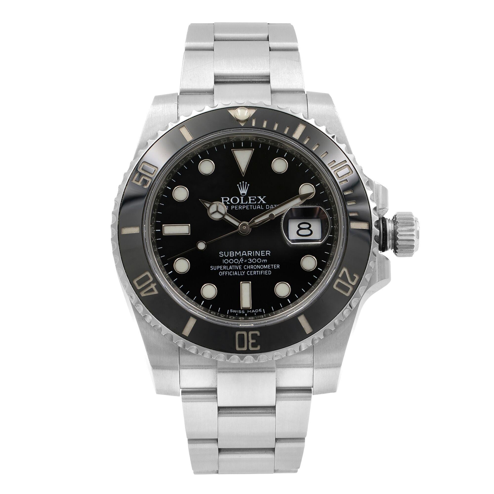 This pre-owned Rolex Submariner 116610LN is a beautiful men's timepiece that is powered by an automatic movement which is cased in a stainless steel case. It has a round shape face, date dial and has hand sticks & dots style markers. It is completed