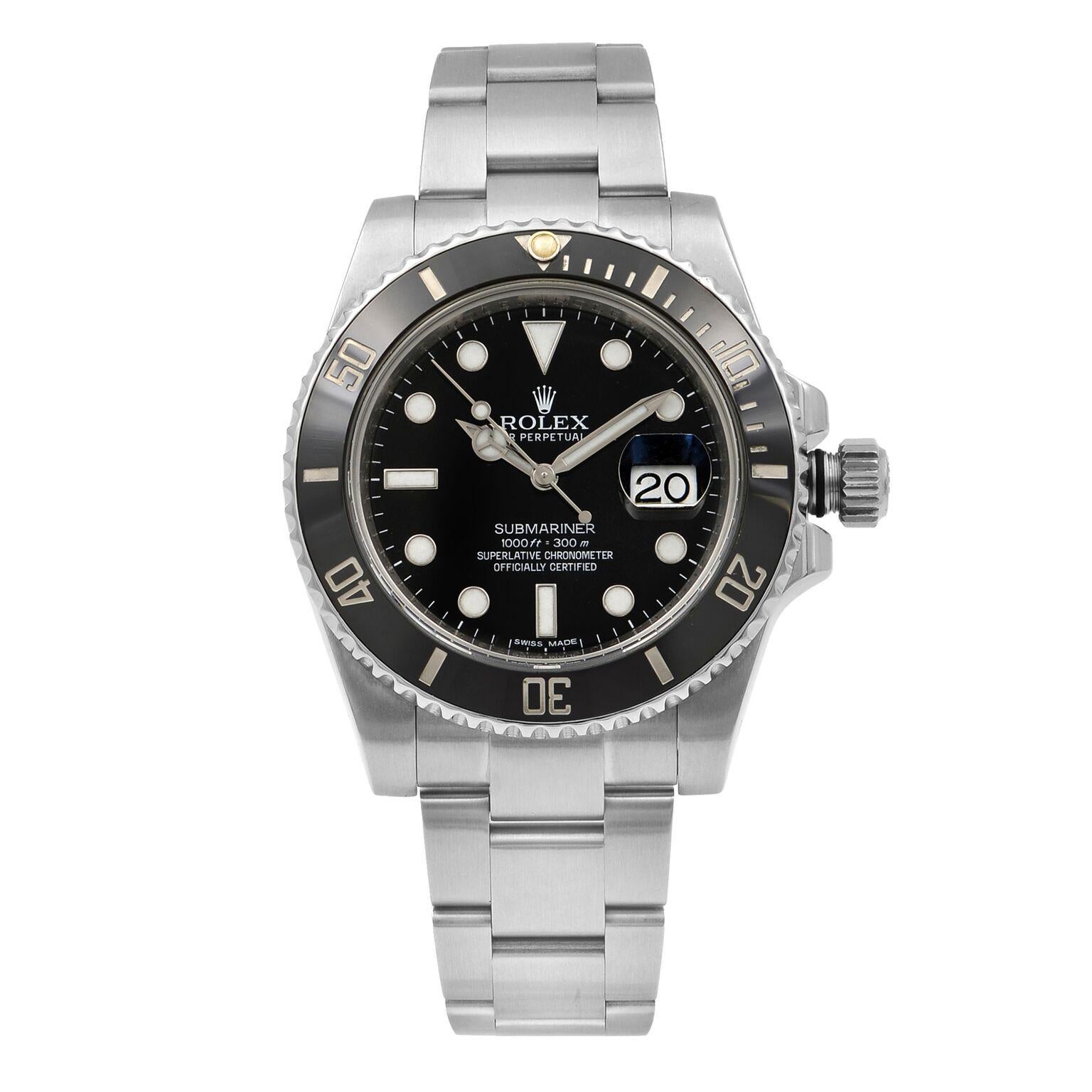 This pre-owned Rolex Submariner 116610 is a beautiful men's timepiece that is powered by mechanical (automatic) movement which is cased in a stainless steel case. It has a round shape face, date indicator dial and has hand sticks & numerals style