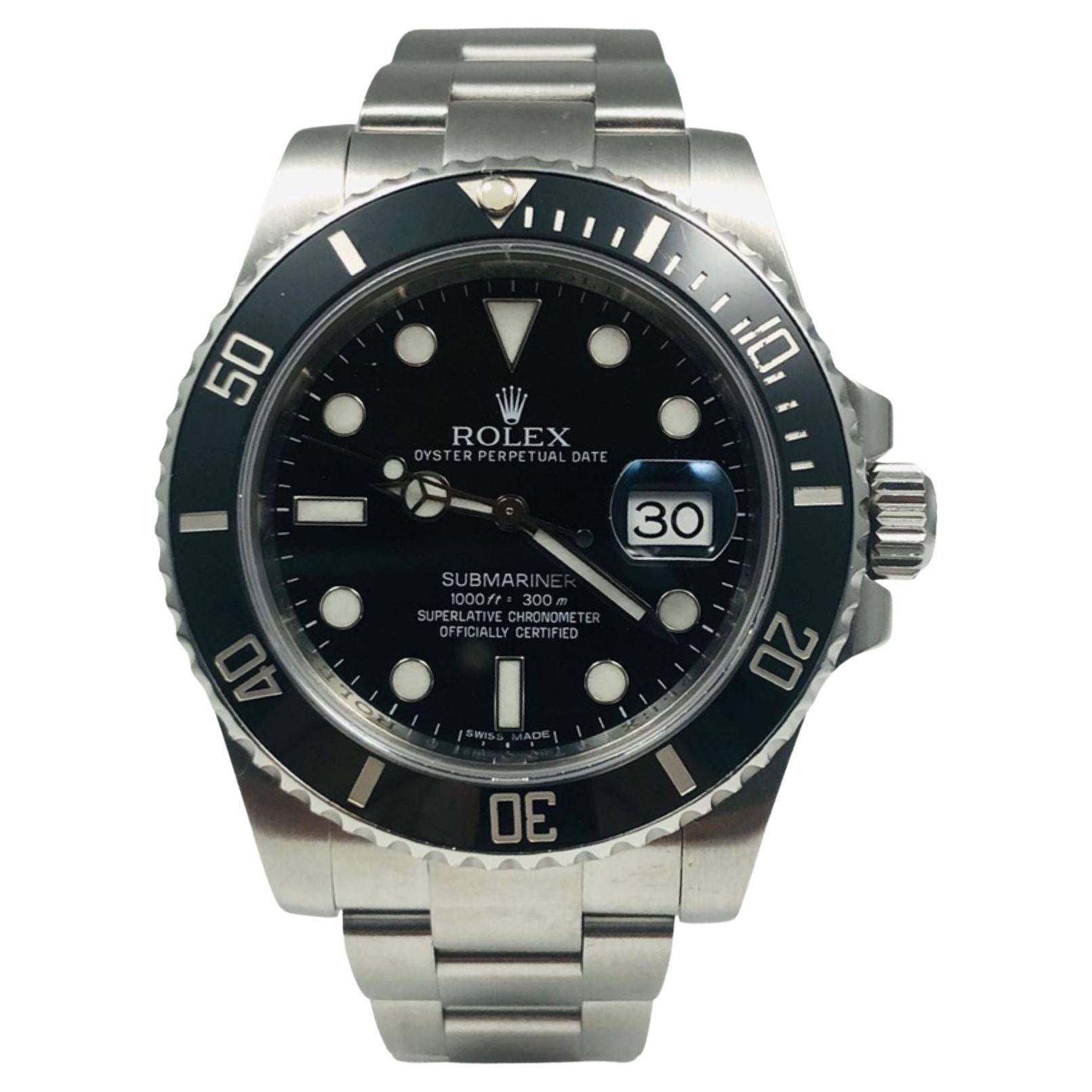 Rolex Montre Submariner Date avec cadran noir en céramique et lunette en acier inoxydable, réf. 116610 en vente