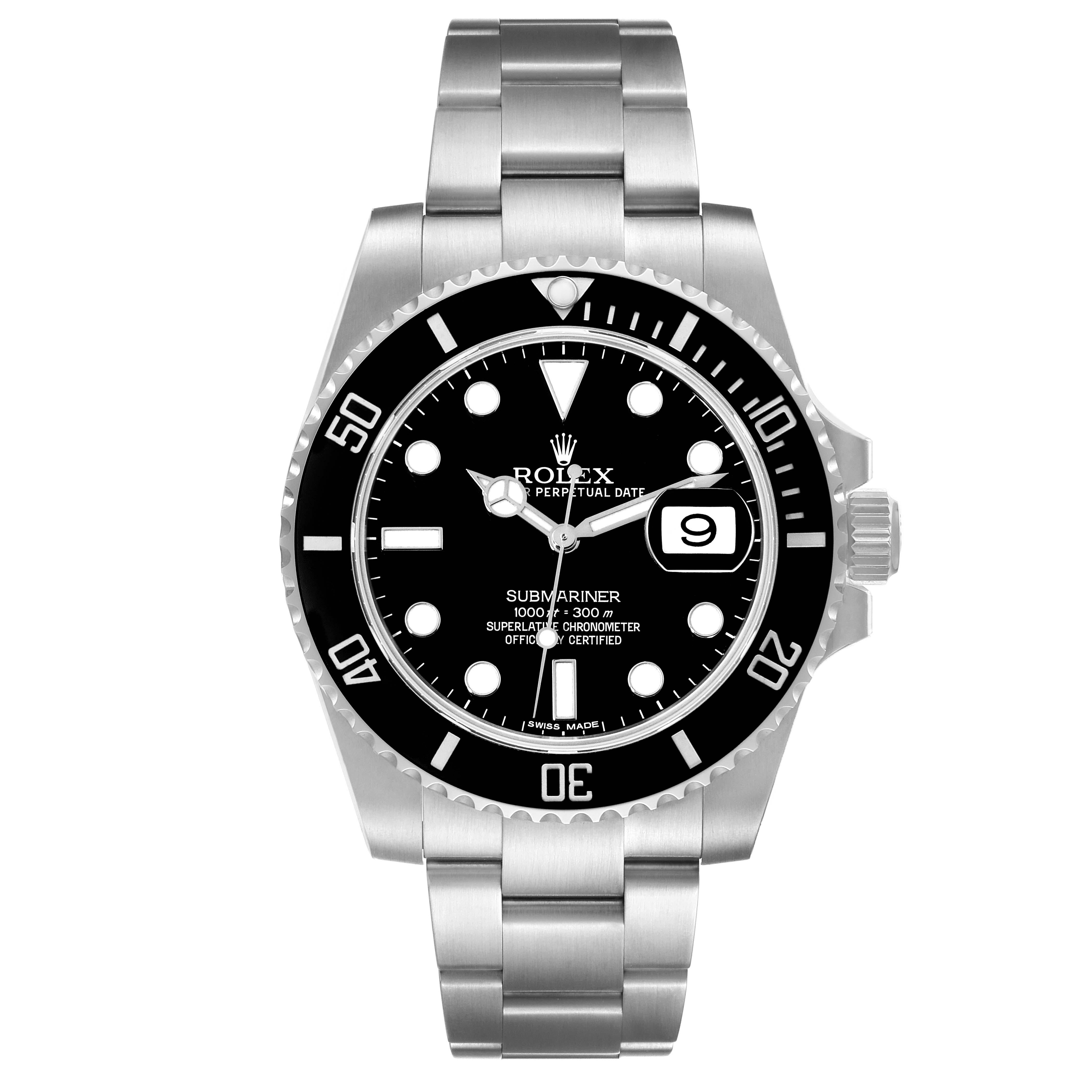 Rolex Submariner Date Black Dial Steel Mens Watch 116610 Box Card. Officially certified chronometer automatic self-winding movement. Stainless steel case 40 mm in diameter. Rolex logo on the crown. Unidirectional rotating black ceramic bezel with 60