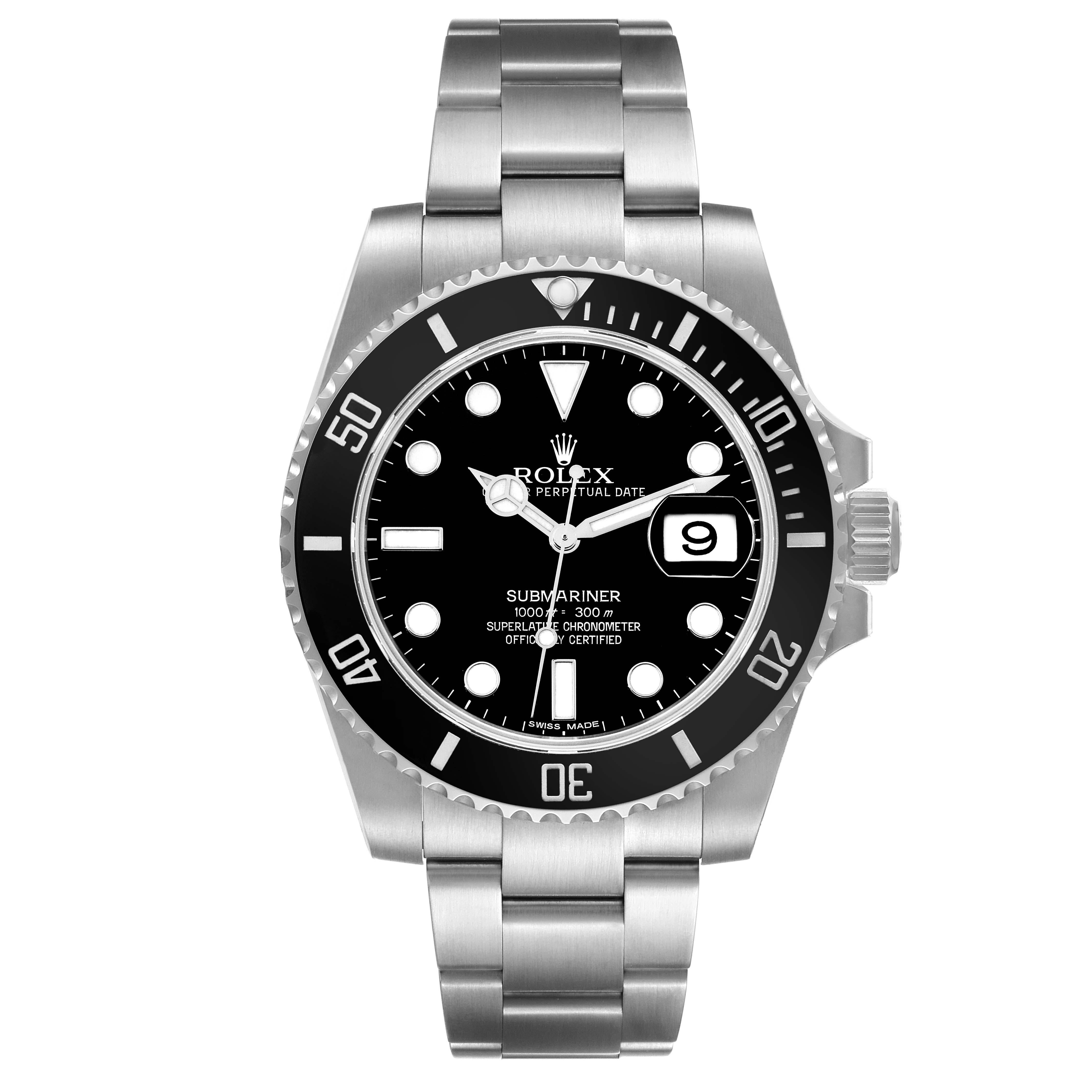Rolex Submariner Date Black Dial Steel Mens Watch 116610 Box Card. Officially certified chronometer automatic self-winding movement. Stainless steel case 40 mm in diameter. Rolex logo on the crown. Unidirectional rotating black ceramic bezel with 60