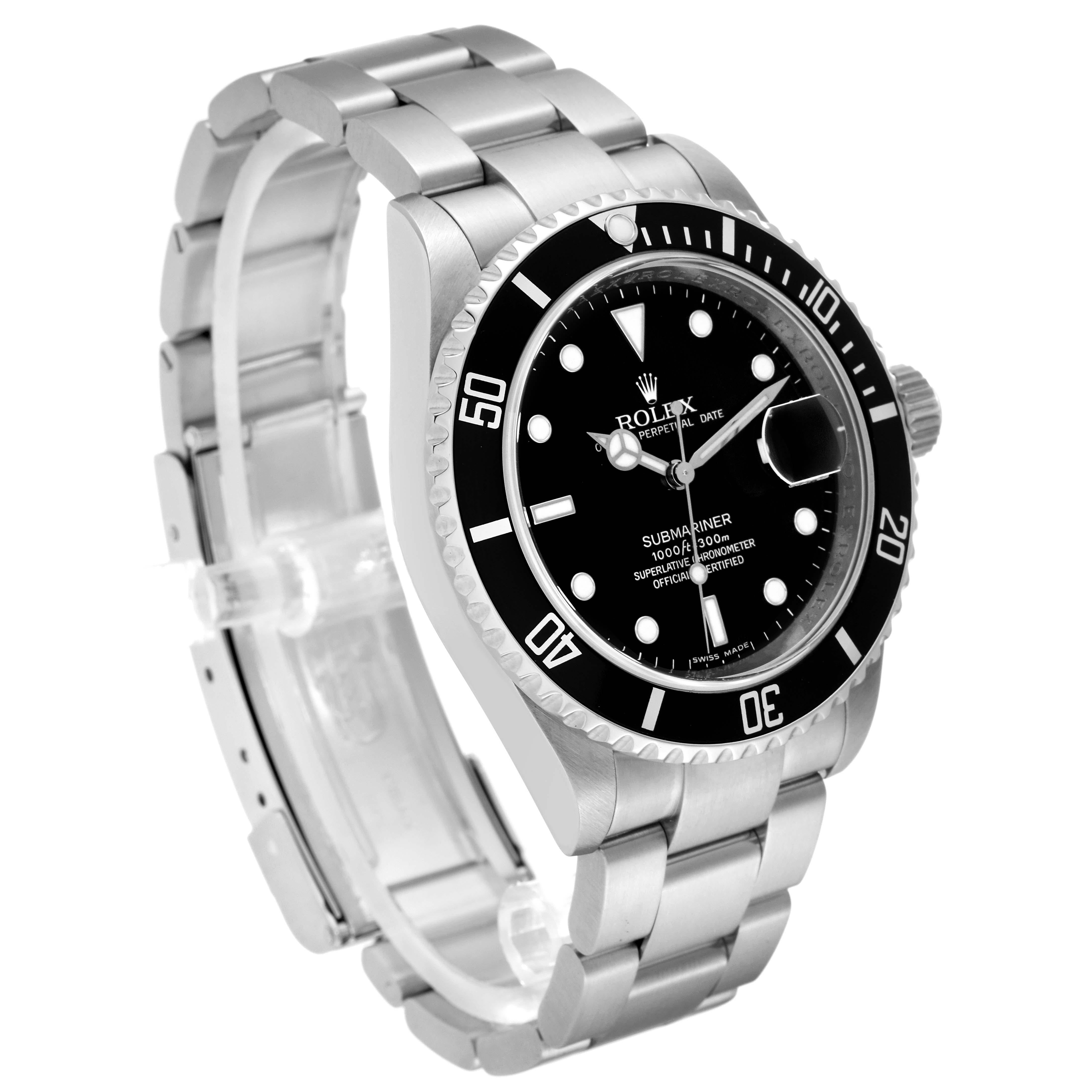 Rolex Submariner Date Black Dial Steel Mens Watch 16610 Box Card. Officially certified chronometer automatic self-winding movement. Stainless steel case 40.0 mm in diameter. Rolex logo on the crown. Special time-lapse unidirectional rotating bezel.