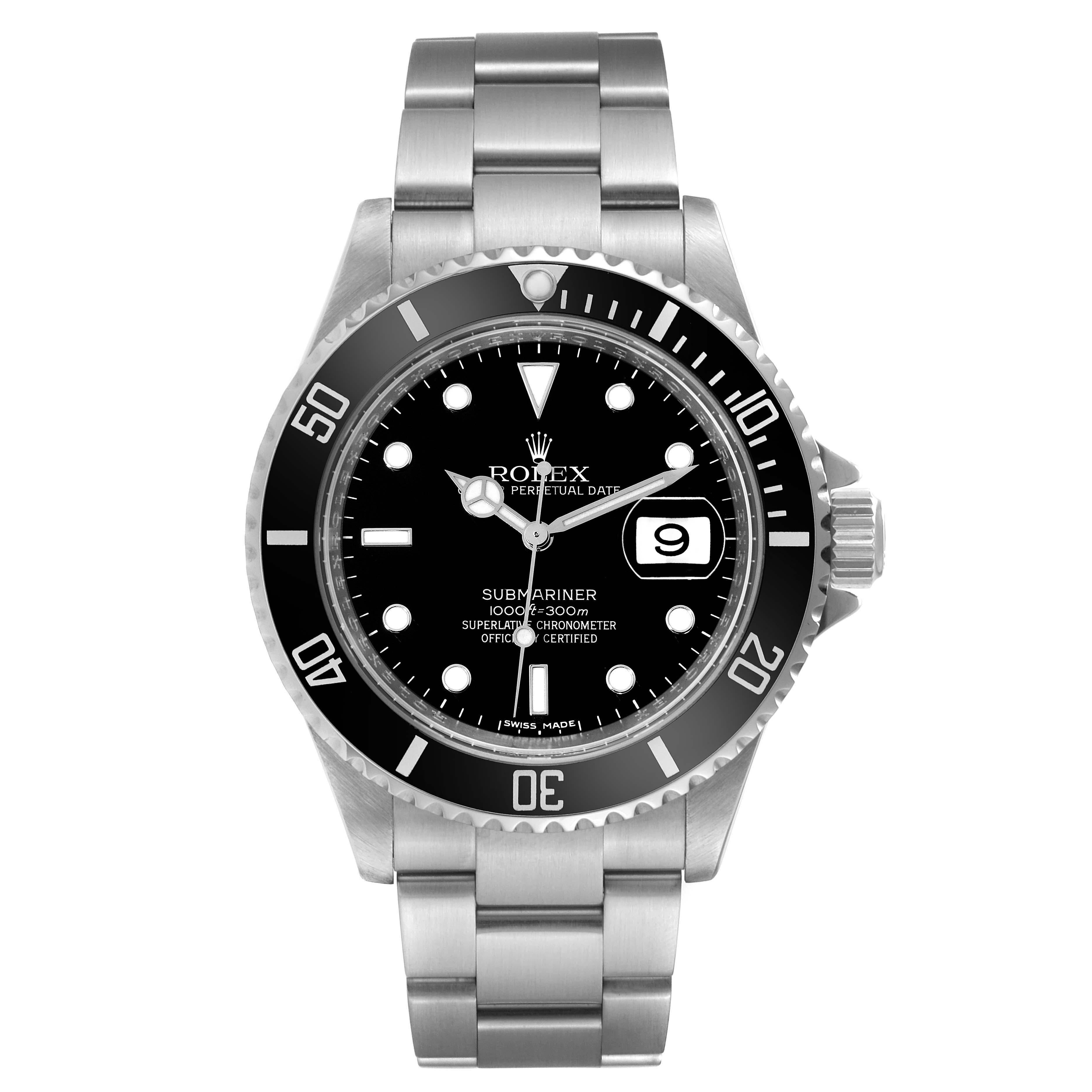 Rolex Submariner Date Black Dial Steel Mens Watch 16610 Box Card In Excellent Condition For Sale In Atlanta, GA