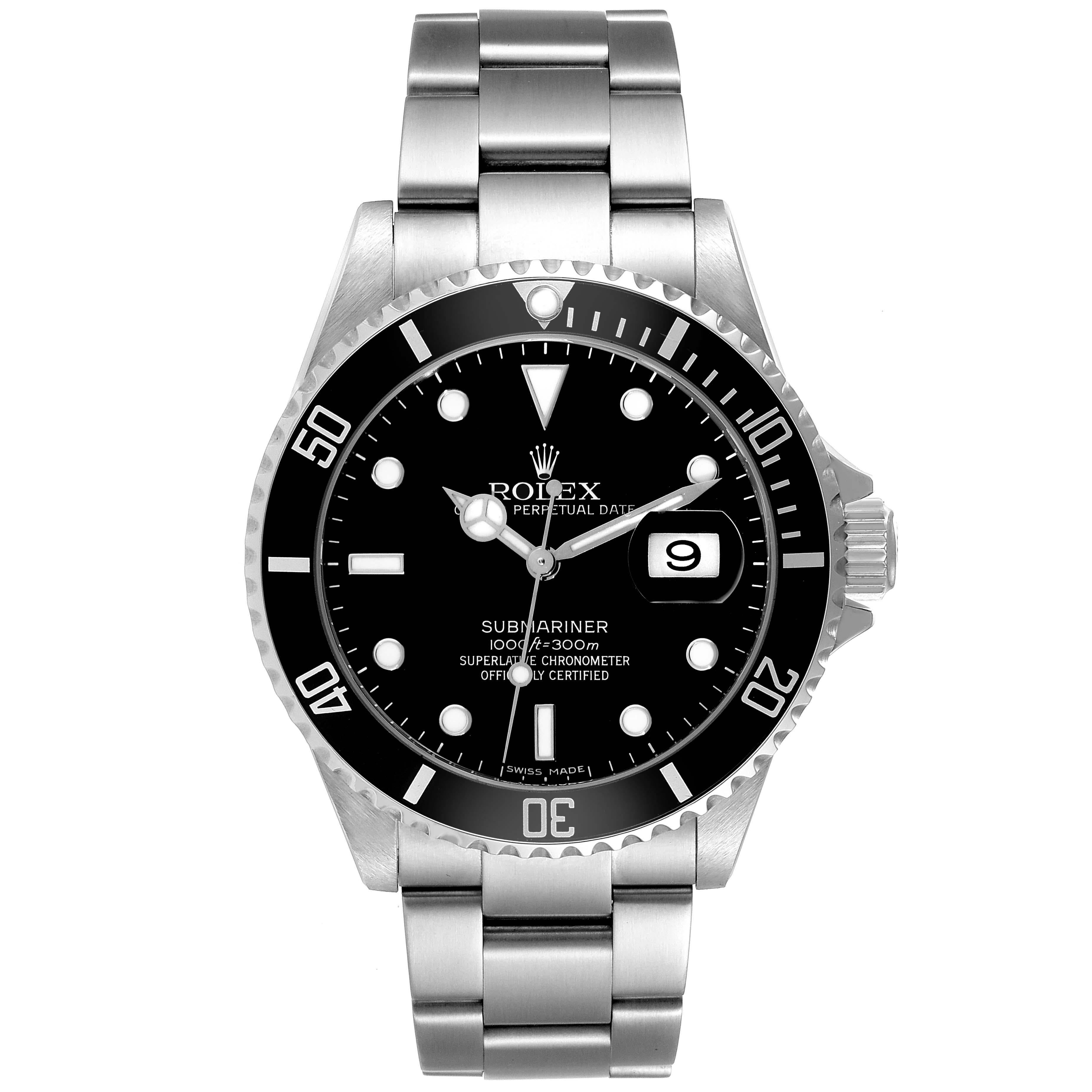 Men's Rolex Submariner Date Black Dial Steel Mens Watch 16610 Box Card