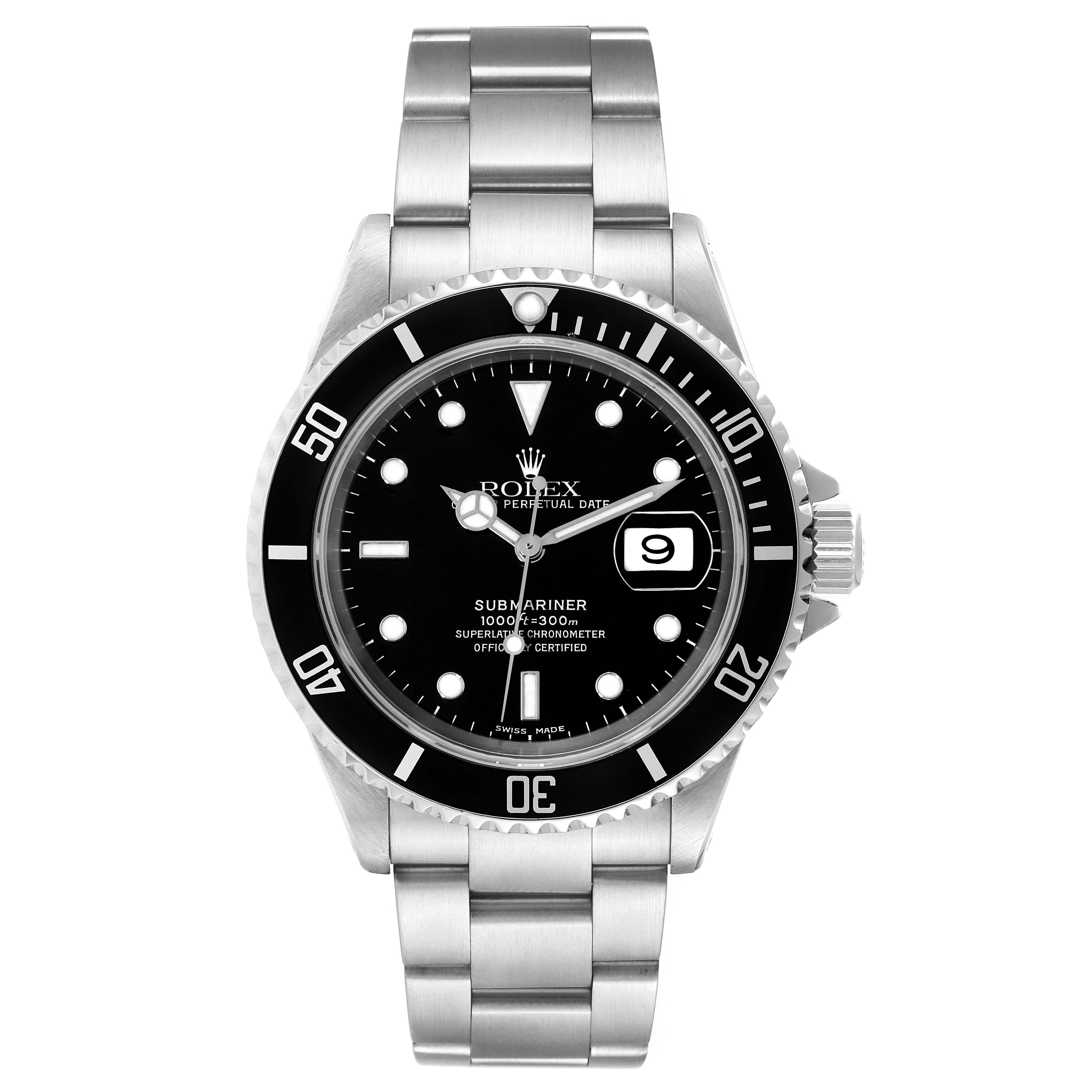 Rolex Submariner Date Black Dial Steel Mens Watch 16610 Box Papers. Officially certified chronometer automatic self-winding movement. Stainless steel case 40.0 mm in diameter. Rolex logo on the crown. Special time-lapse unidirectional rotating