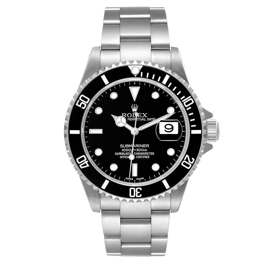 Rolex Submariner Date Black Dial Steel Mens Watch 16610. Officially certified chronometer automatic self-winding movement. Stainless steel case 40.0 mm in diameter. Rolex logo on the crown. Special time-lapse unidirectional rotating bezel. Scratch