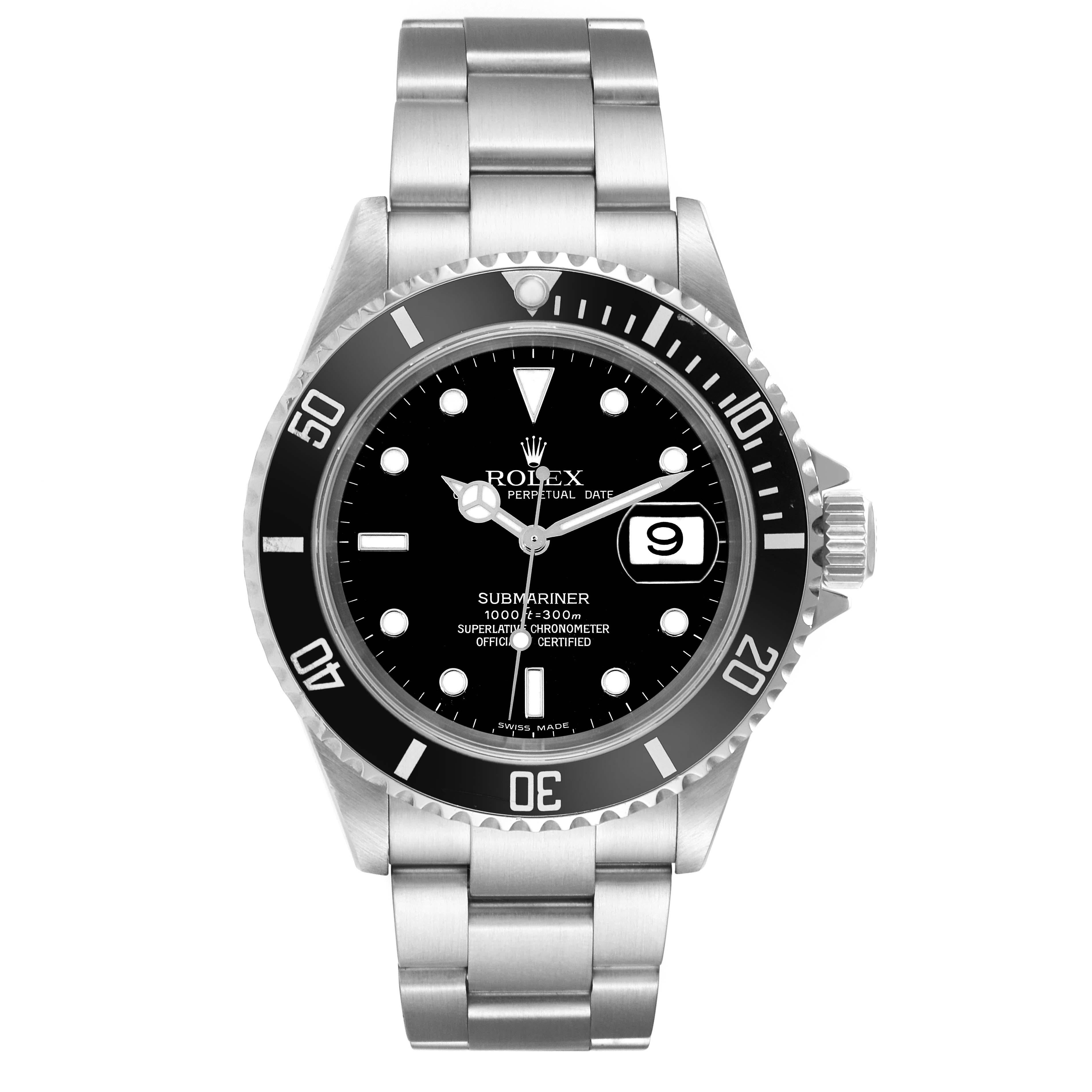 Rolex Submariner Date Black Dial Steel Mens Watch 16610. Officially certified chronometer automatic self-winding movement. Stainless steel case 40.0 mm in diameter. Rolex logo on the crown. Special time-lapse unidirectional rotating bezel. Scratch