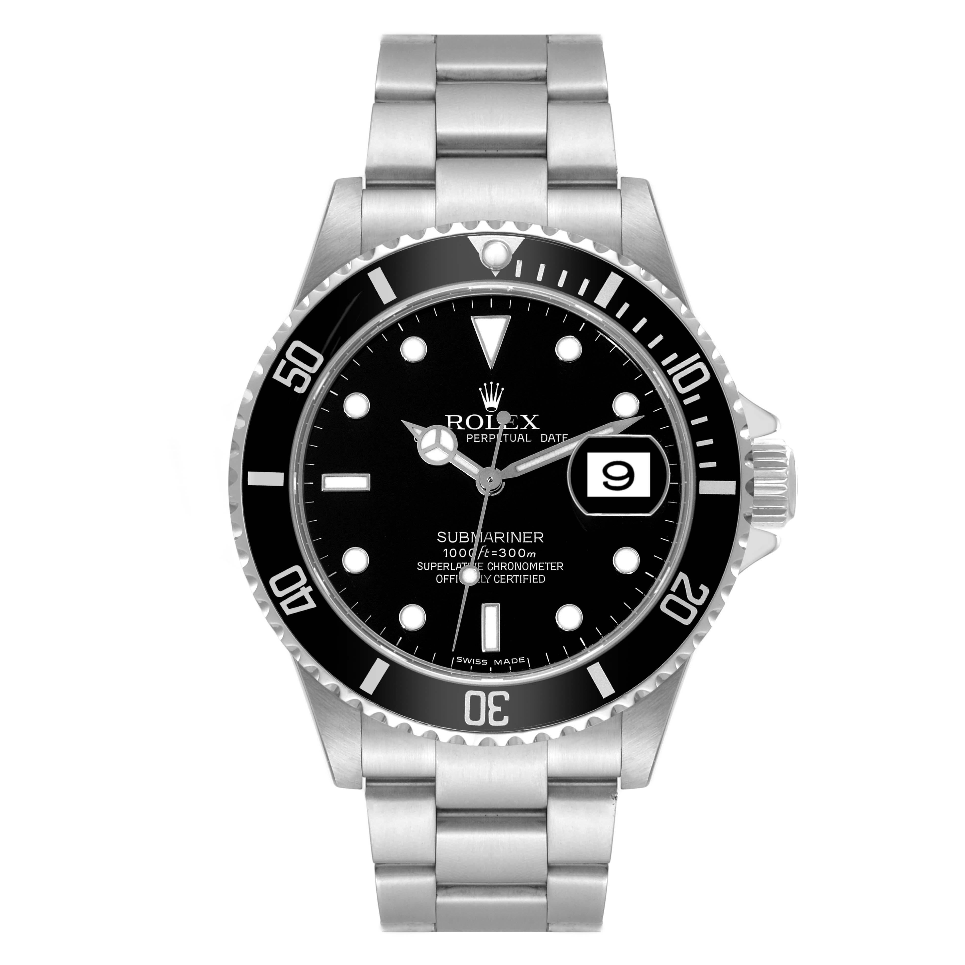 Rolex Submariner Date Black Dial Steel Mens Watch 16610. Officially certified chronometer automatic self-winding movement. Stainless steel case 40.0 mm in diameter. Rolex logo on the crown. Special time-lapse unidirectional rotating bezel. Scratch