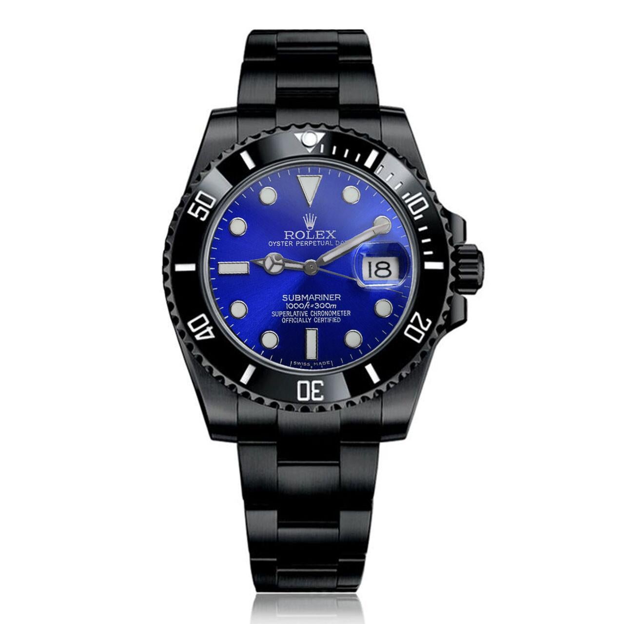Rolex Submariner Date Blue Dial Black PVD/DLC Stainless Steel Watch 116610LN

Please note: This is never worn genuine Rolex watch that has been customized with black coating and blue dial aftermarket. 