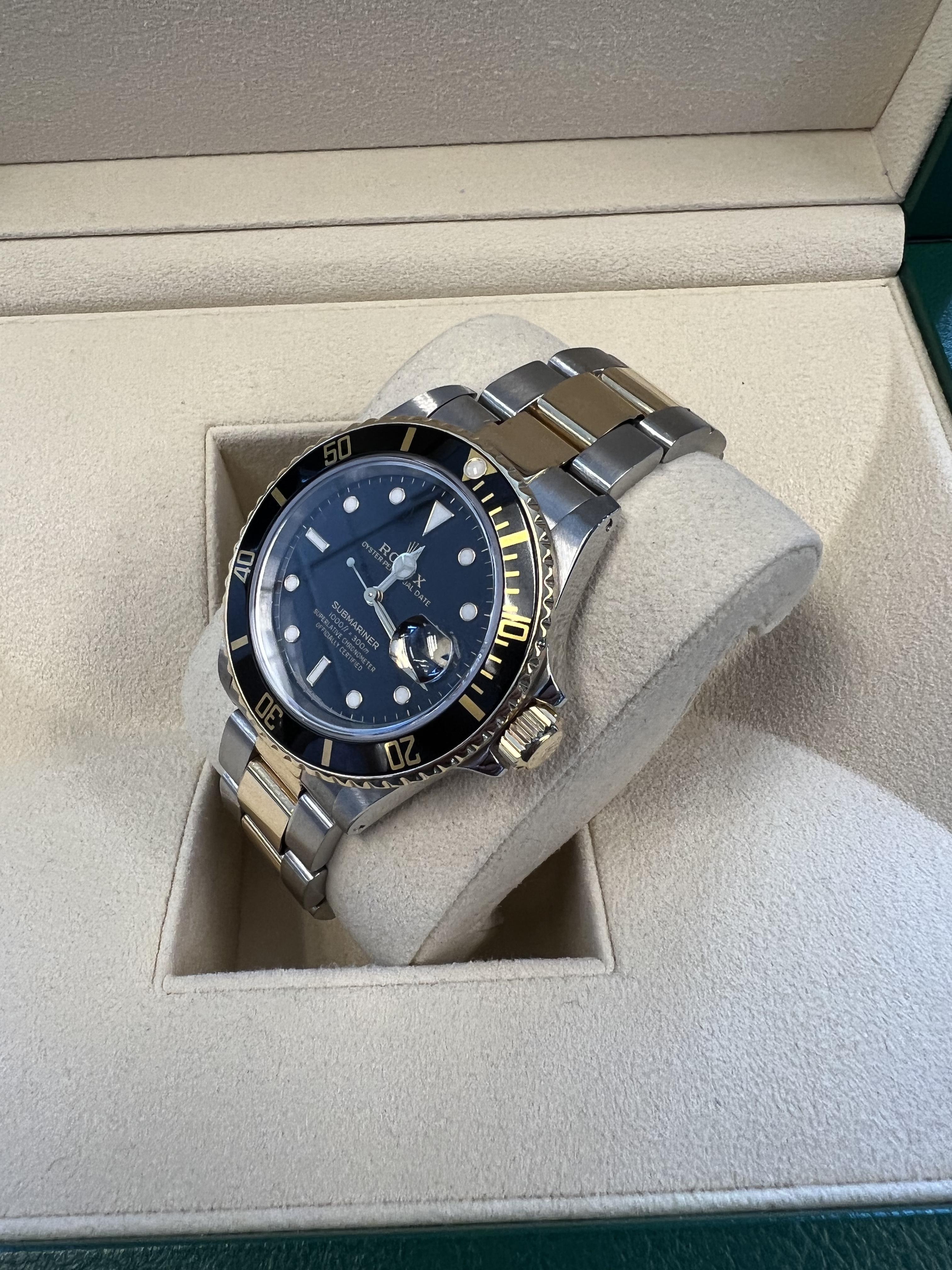 Contemporary Rolex Submariner Date Certified Two Tone Black Dial Service Papers For Sale