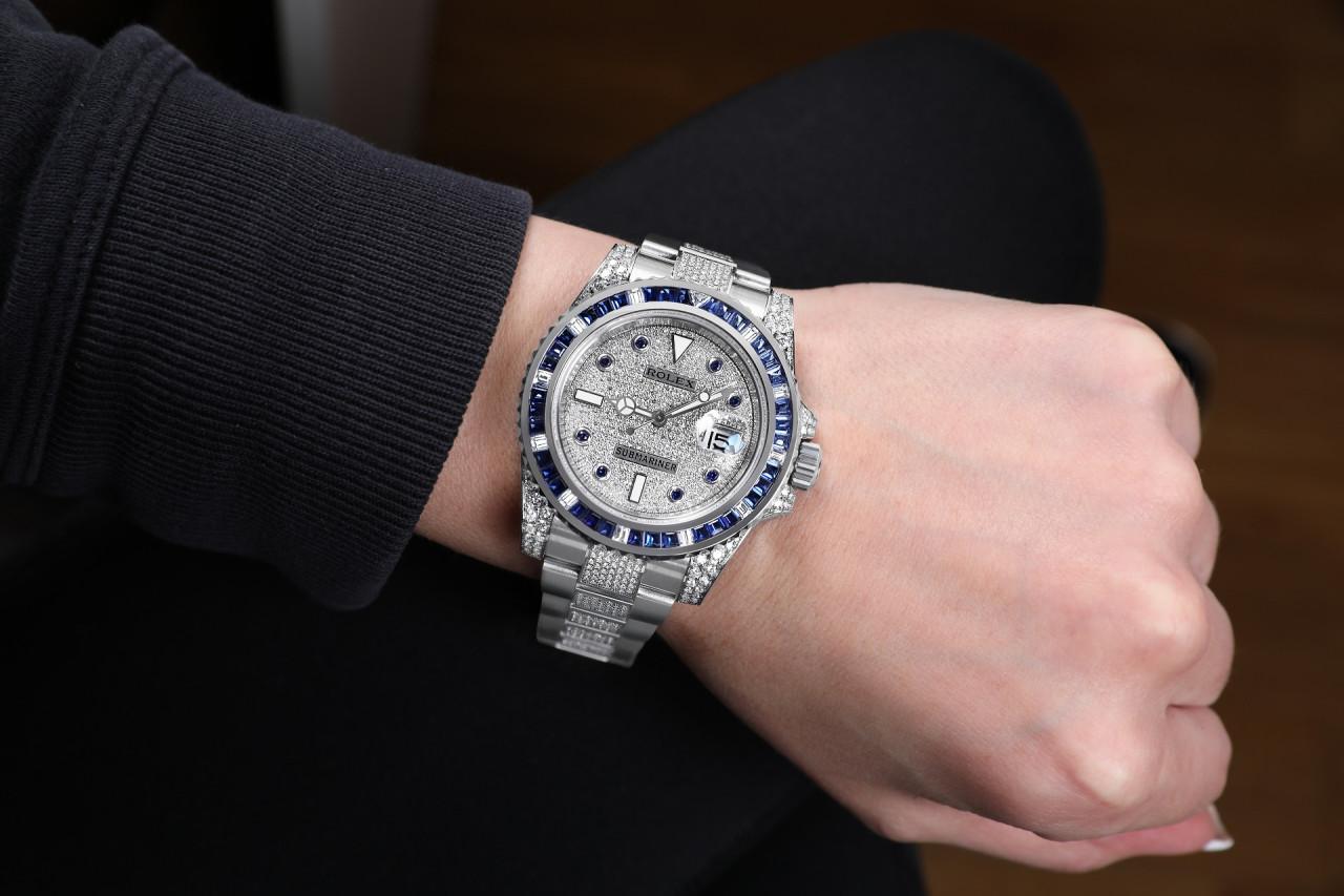 Rolex Montre Submariner Date en acier inoxydable et diamants avec lunette en saphir/diamant personnalisée Pour femmes en vente