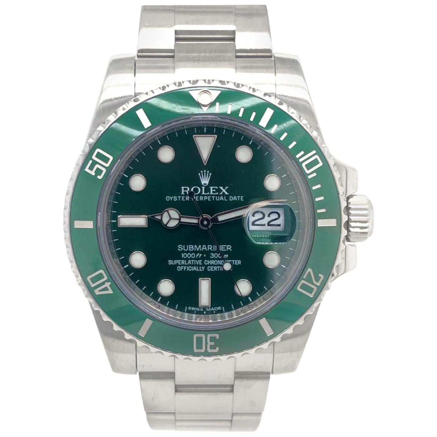 The Oyster Perpetual Submariner Date in Oystersteel with a Cerachrom bezel insert in green ceramic and a black dial with large luminescent hour markers. It features a unidirectional rotatable bezel and solid-link Oyster bracelet. The latest
