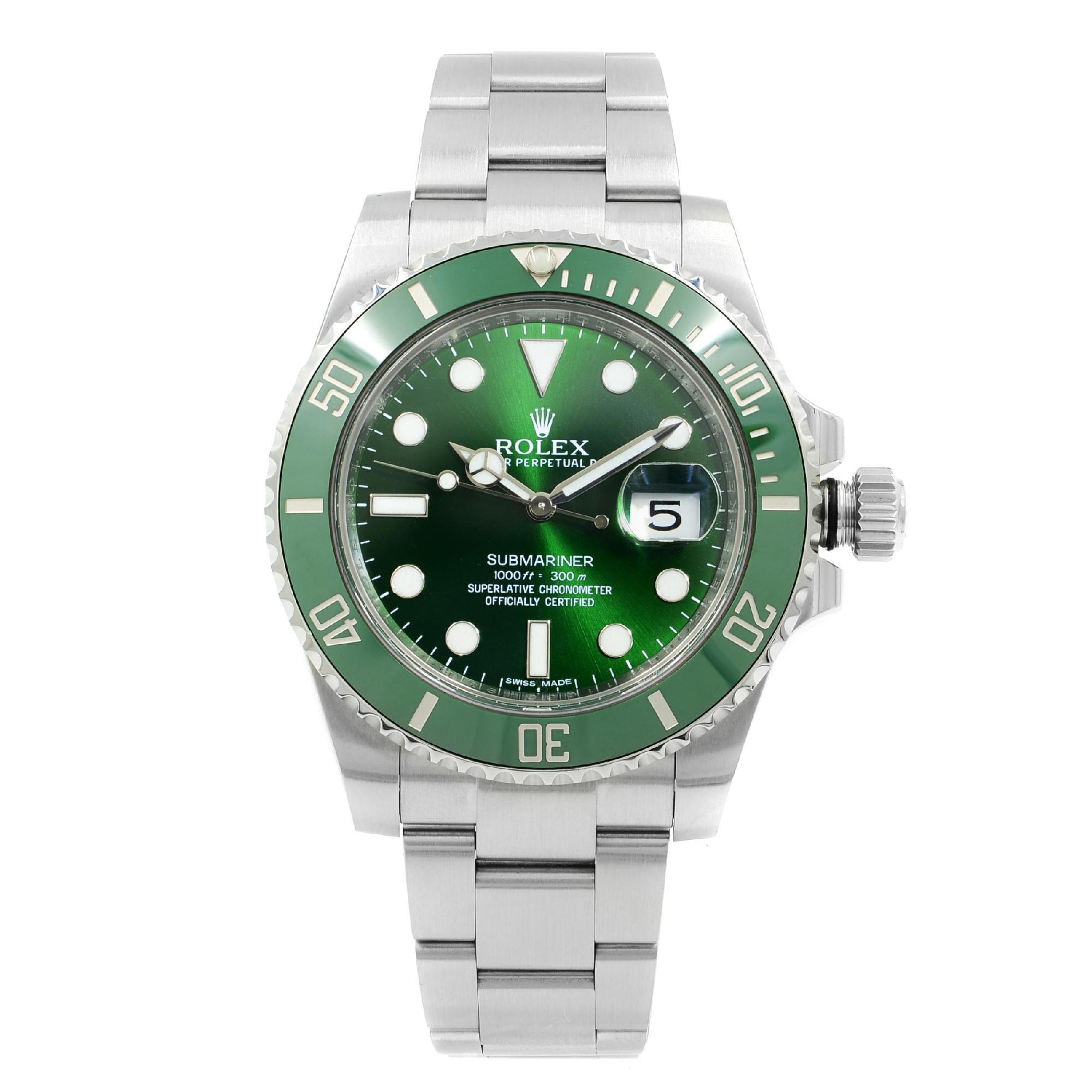This pre-owned Rolex Submariner  116610LV is a beautiful men's timepiece that is powered by mechanical (automatic) movement which is cased in a stainless steel case. It has a round shape face, date indicator dial and has hand sticks & dots style