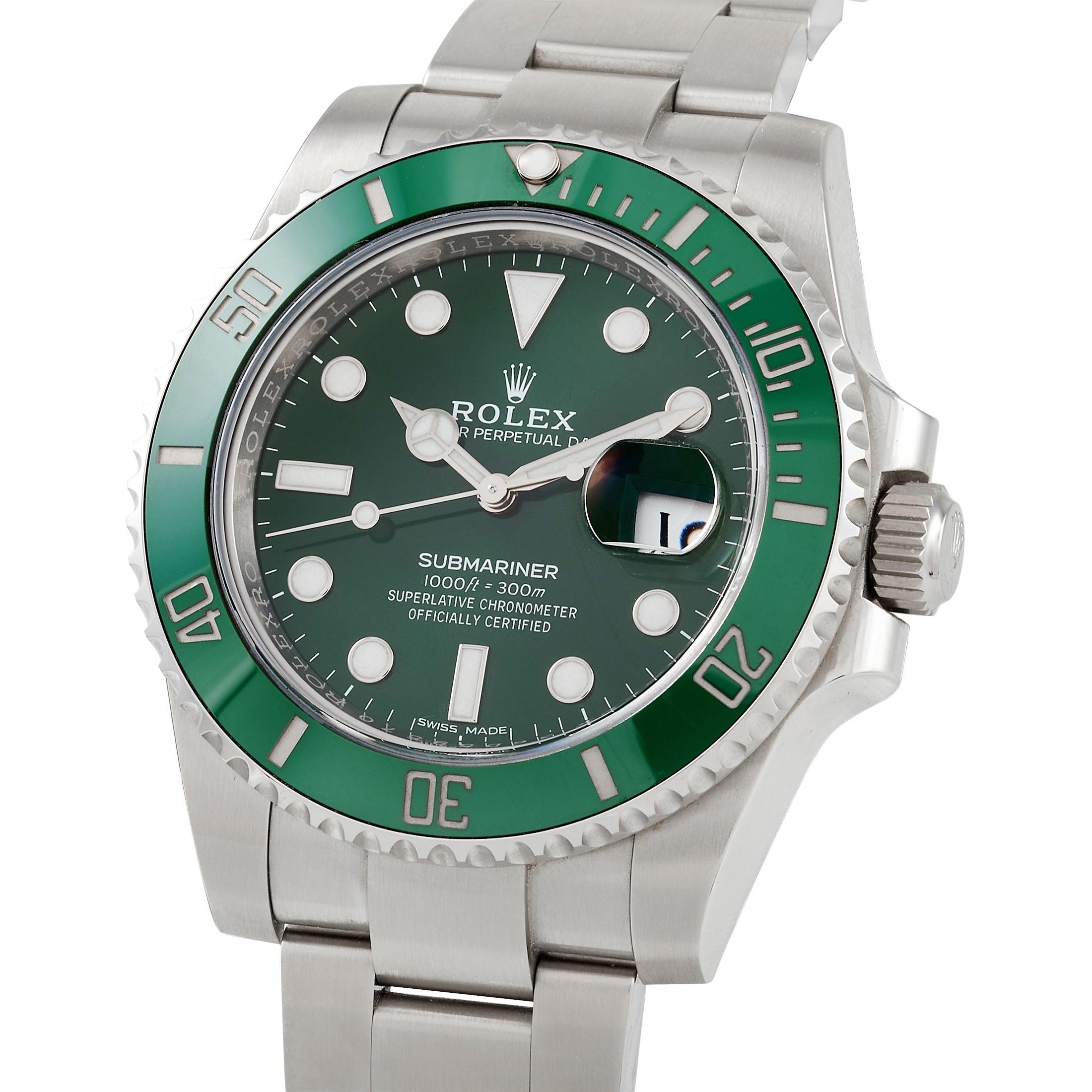 This is the Rolex Submariner Date watch, reference number 116610LV, known as The Hulk for its bezel and dial – the first ever Submariner to feature both green bezel and green dial.

The watch comes with a stainless steel Oyster case that boasts a