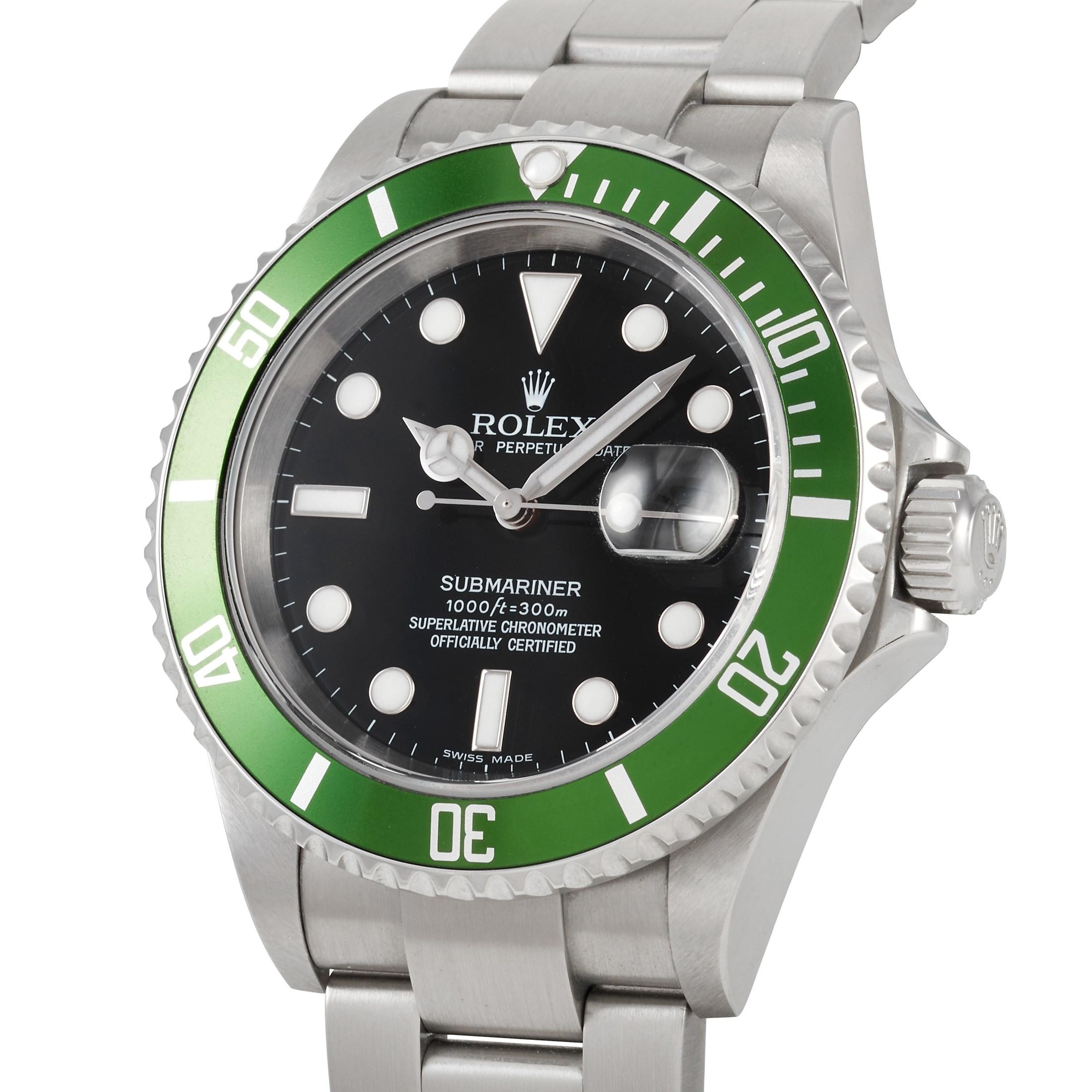 The Rolex Submariner Date - also known as the Kermit, reference number 16610LV, was launched in 2003 in celebration of the 50th anniversary of the Rolex Submariner.

The watch is presented with a stainless steel Oyster case that measures 40 mm in