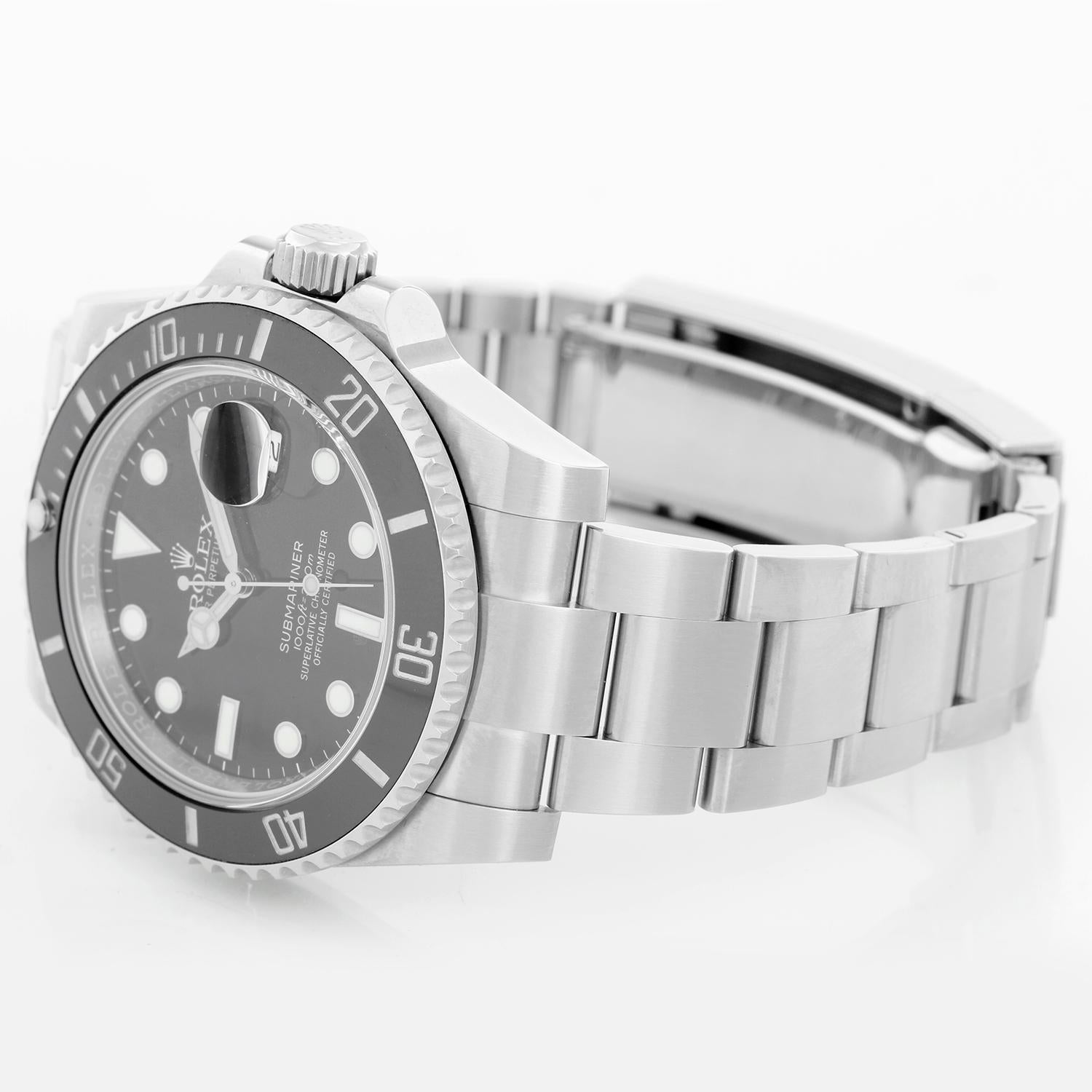 Rolex Submariner Date Men's Stainless Steel Watch 116610 LN - Automatic winding, 31 jewels, pressure proof to 1,000 feet. Stainless steel case with time-lapse Cerachrom bezel . Black dial with luminous markers; date at 3 o'clock. Stainless steel