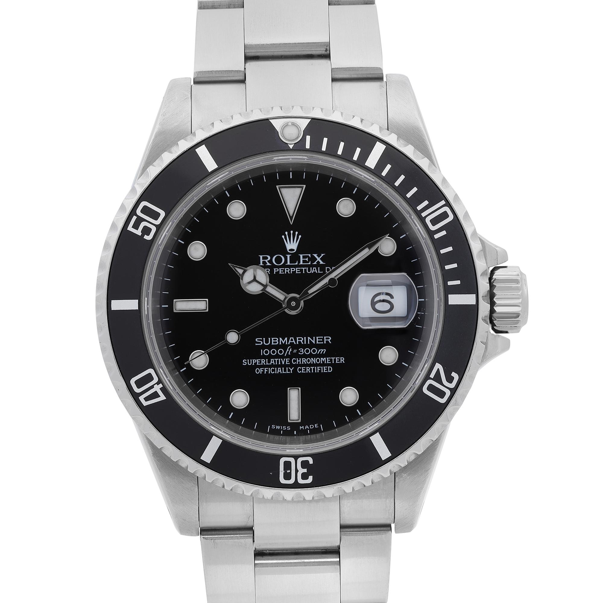 Pre-owned. Wrist Fit: 7.5 inches. Recently Serviced.

Brand: Rolex  Department: Women  Model Number: 16610  Country/Region of Manufacture: Switzerland  Model: Rolex Submariner 16610  Style: Luxury  Band Color: Steel  Dial Color: Black  Case Color: