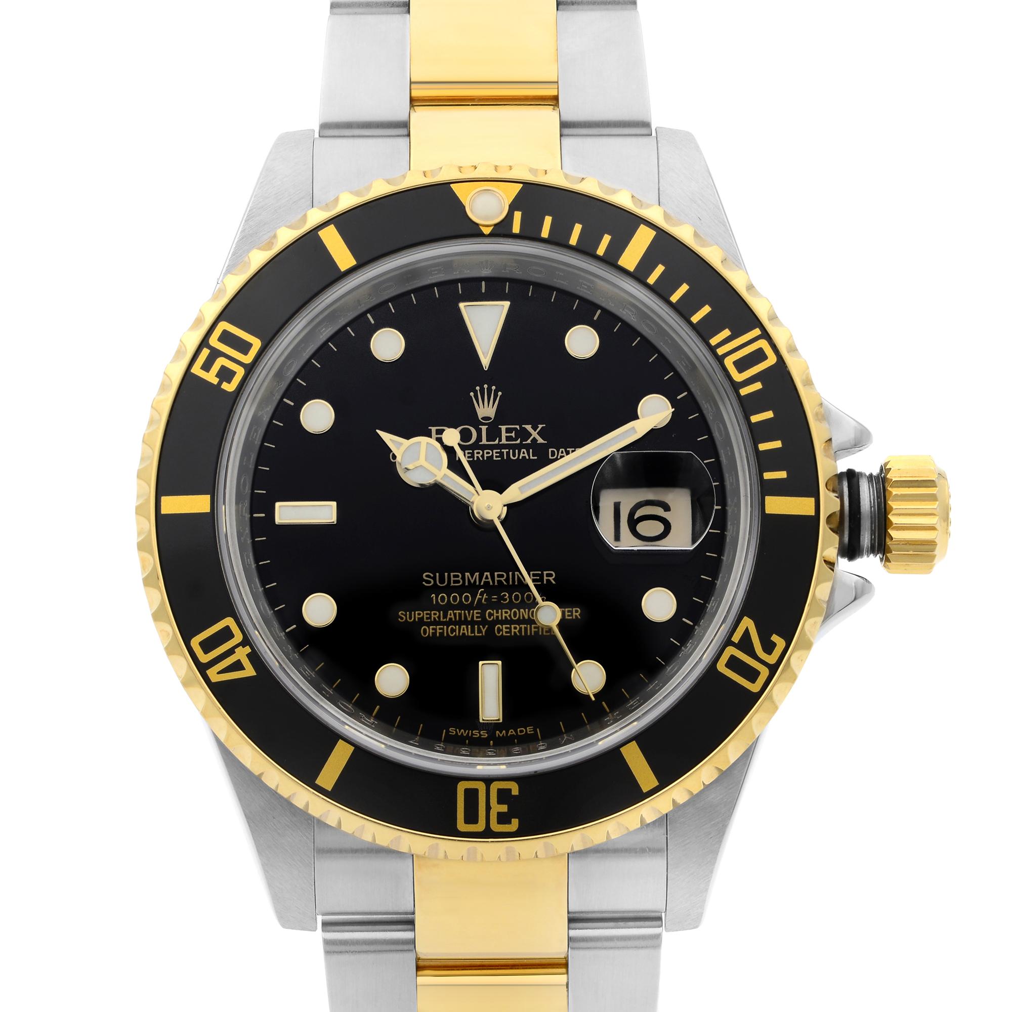 This pre-owned Rolex Submariner 16613 is a beautiful men's timepiece that is powered by mechanical (automatic) movement which is cased in a stainless steel case. It has a round shape face, date indicator dial and has hand dots, sticks style markers.