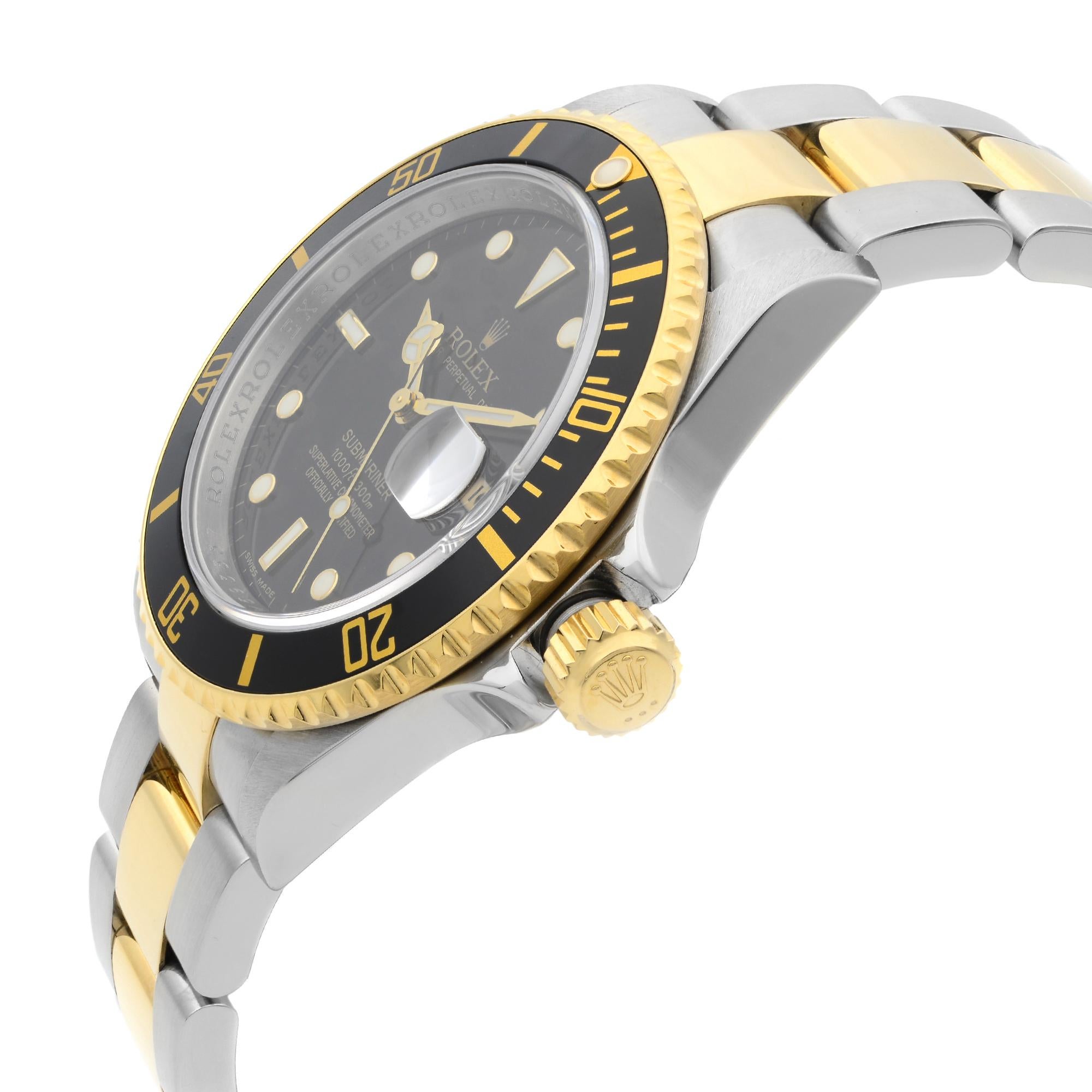 Men's Rolex Submariner Date No Holes Steel 18K Yellow Gold Black Dial Mens Watch 16613