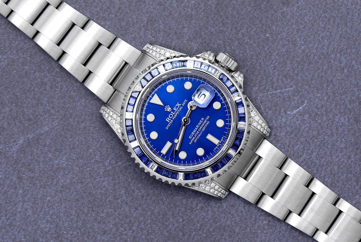 Rolex Submariner Date Custom Diamond Edelstahl Uhr mit Saphir/Diamant Lünette Lugs und blauem Zifferblatt 116610. Die Uhr wurde professionell poliert und wurde nach der Anpassung nie getragen. Es gibt absolut KEINE sichtbaren Kratzer oder