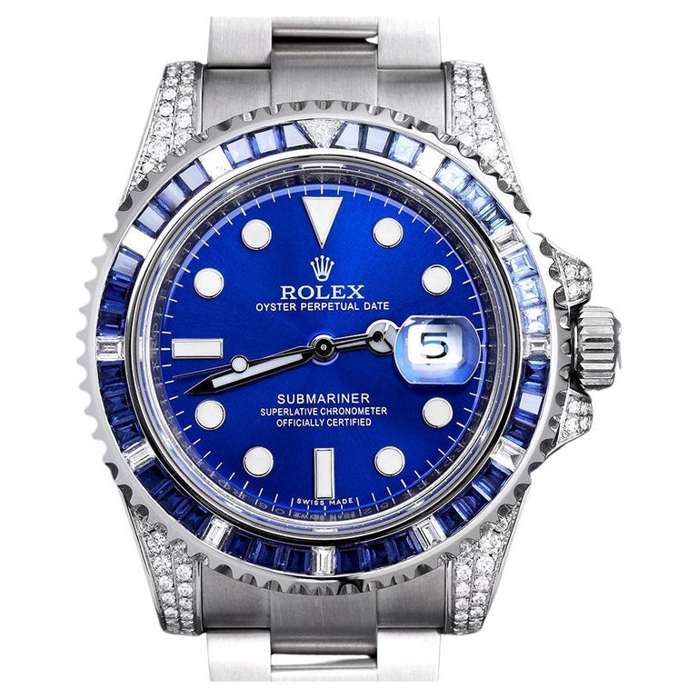 Rolex Montre Submariner à cadran bleu en acier inoxydable avec saphirs et  diamants En vente sur 1stDibs