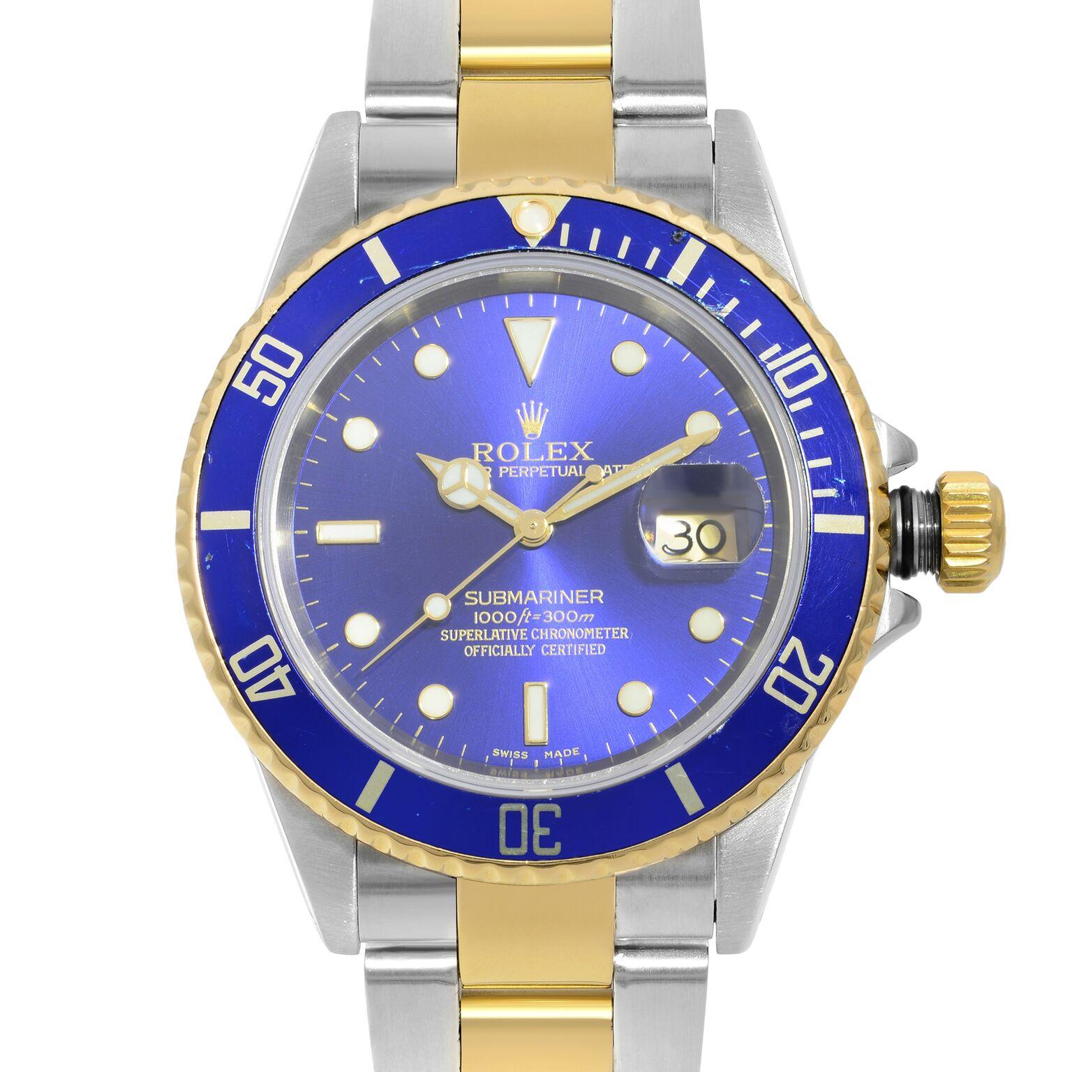 This pre-owned Rolex Submariner  16613 is a beautiful men's timepiece that is powered by mechanical (automatic) movement which is cased in a stainless steel case. It has a round shape face, date indicator dial and has hand sticks & dots style