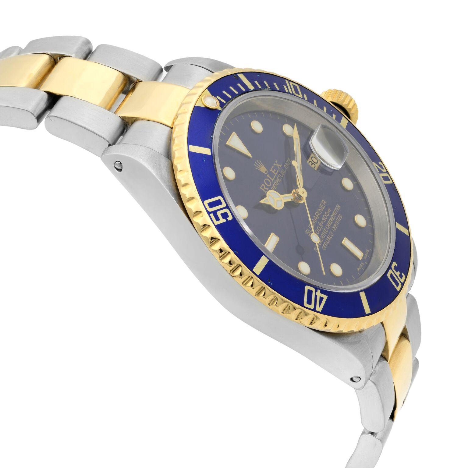 Rolex Submariner Date Stainless Steel Gold Blue Dial Automatic Men Watch 16613 In Good Condition In New York, NY