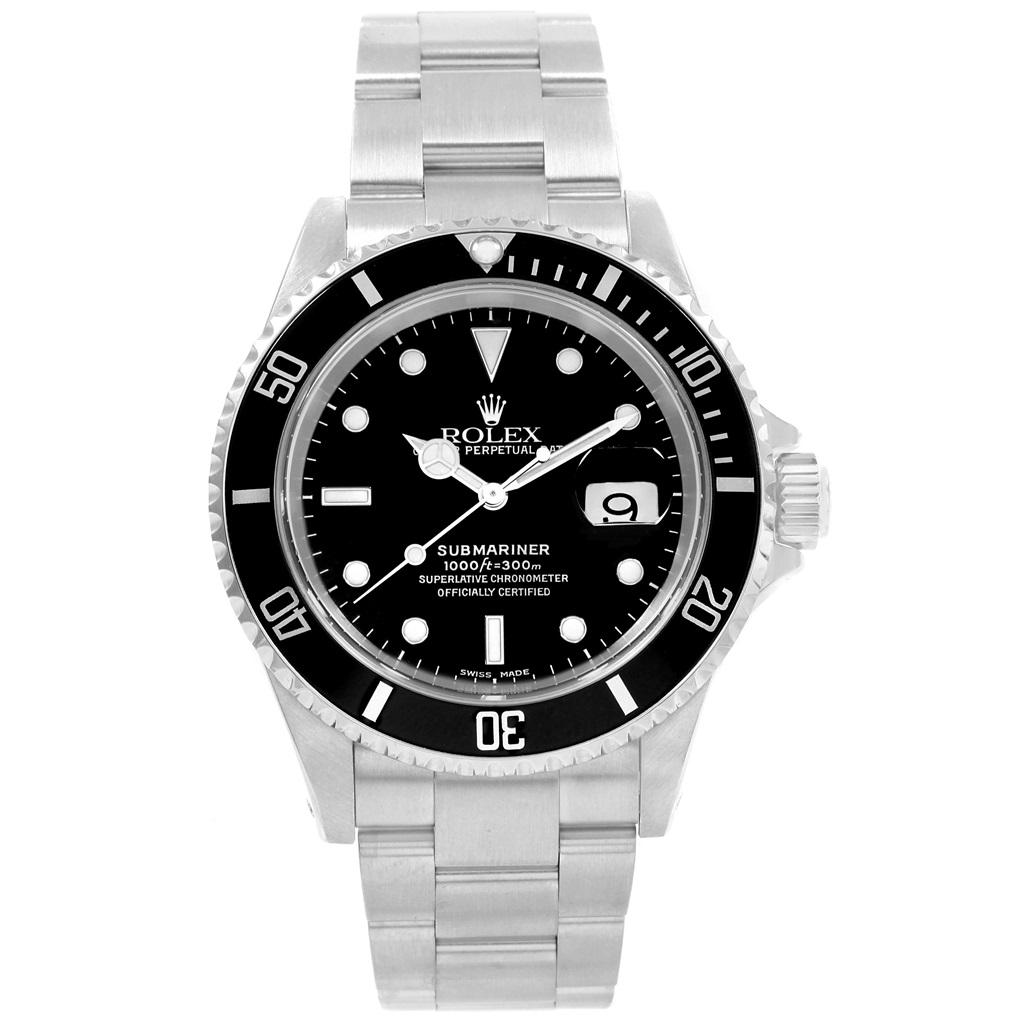 Rolex Submariner Date 40mm Stainless Steel Mens Watch 16610. Officially certified chronometer automatic self-winding movement. Stainless steel case 40.0 mm in diameter. Rolex logo on a crown. Special time-lapse unidirectional rotating bezel. Scratch