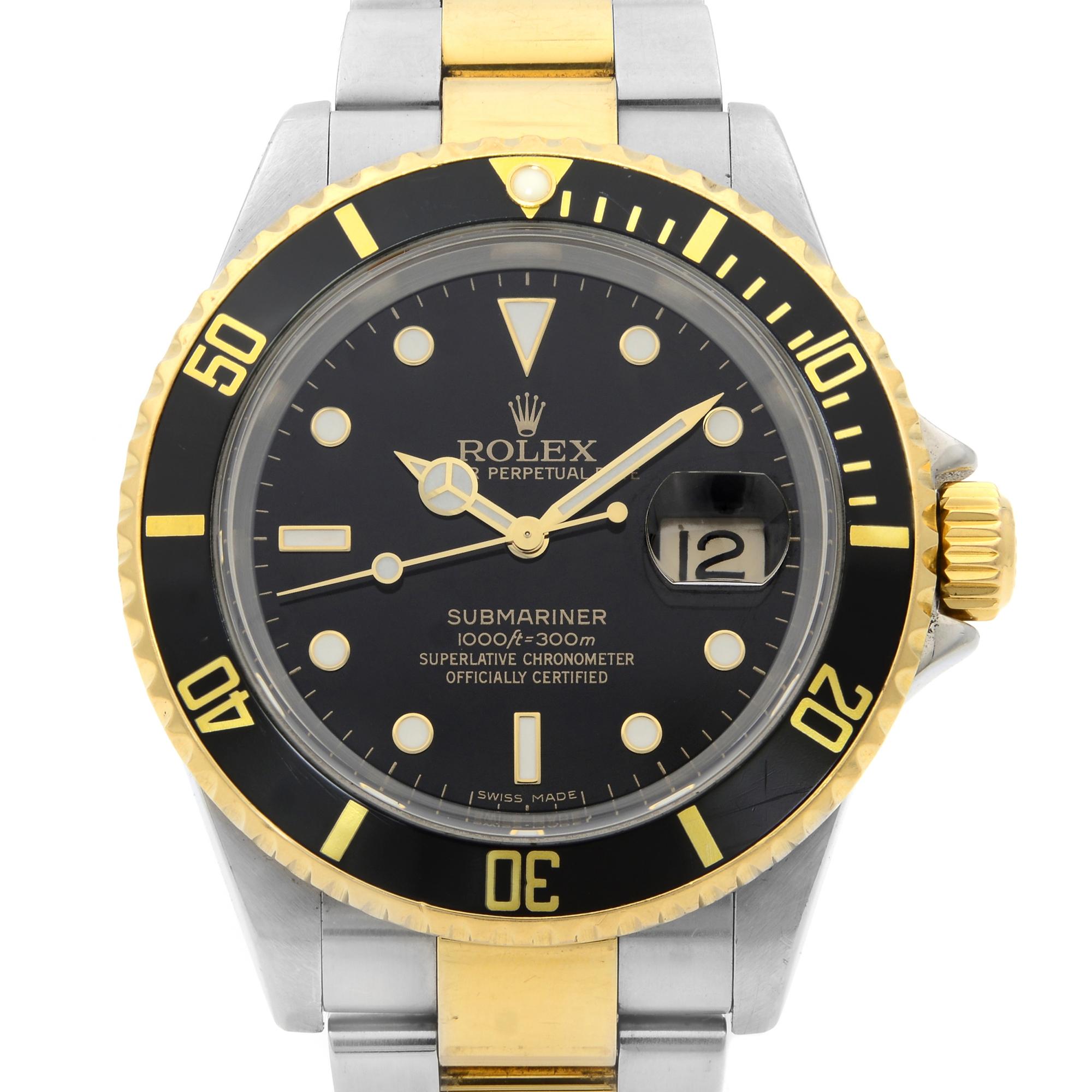 This pre-owned Rolex Submariner  16613T is a beautiful men's timepiece that is powered by mechanical (automatic) movement which is cased in a stainless steel case. It has a round shape face, date indicator dial and has hand sticks & dots style