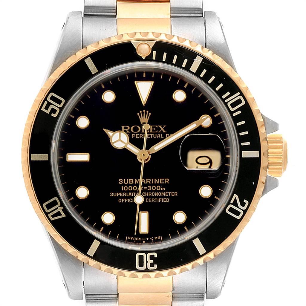 Rolex Submariner Date Steel 18K Yellow Gold Mens Watch 16613. Officially certified chronometer self-winding movement. Stainless steel and 18k yellow gold case 40 mm in diameter. Rolex logo on a crown. Black insert special time-lapse unidirectional