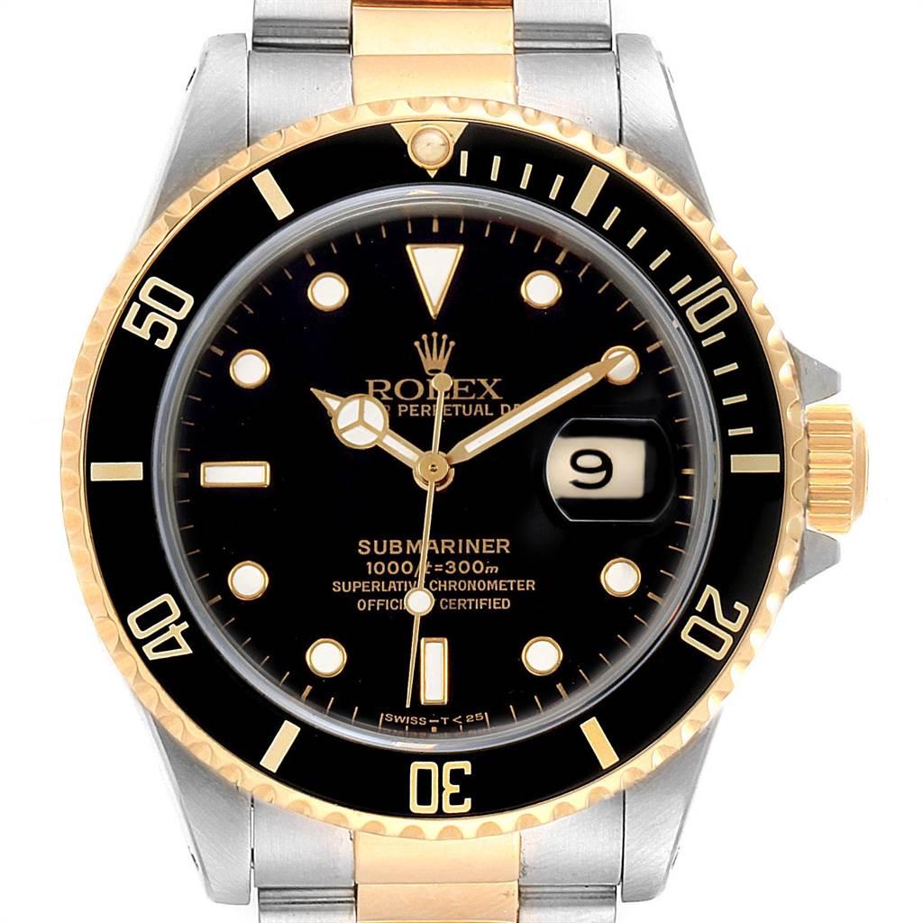 Rolex Submariner Date Steel 18K Yellow Gold Mens Watch 16613. Officially certified chronometer self-winding movement. Stainless steel and 18k yellow gold case 40 mm in diameter. Rolex logo on a crown. Black insert special time-lapse unidirectional