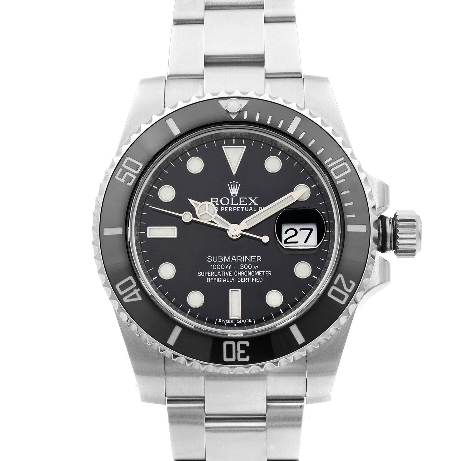 This pre-owned Rolex Submariner 116610LN is a beautiful men's timepiece that is powered by a mechanical (automatic) movement which is cased in a stainless steel case. It has a round shape face, date indicator dial, and has hand sticks & dots style