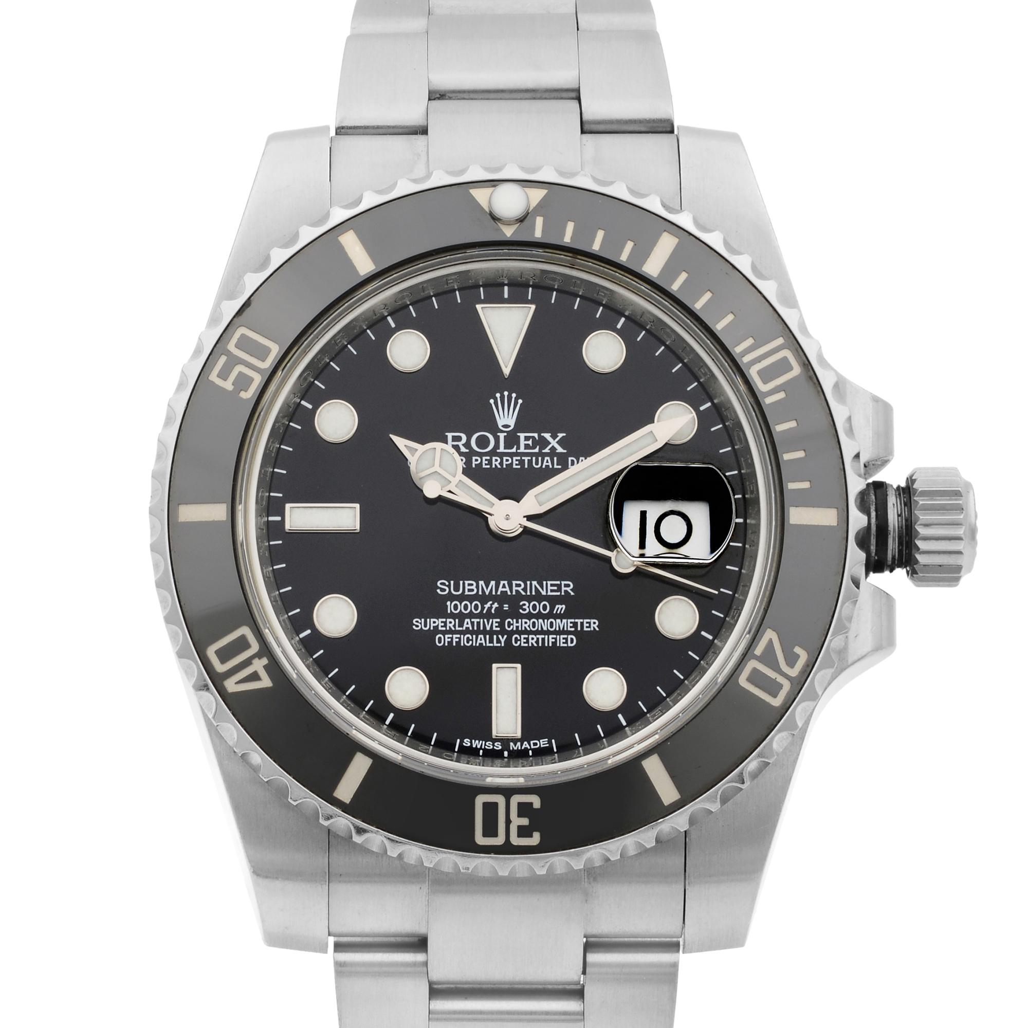 This pre-owned Rolex Submariner 116610LN  is a beautiful men's timepiece that is powered by a mechanical (automatic) movement which is cased in a stainless steel case. It has a round shape face, date indicator dial, and has hand sticks & dots style