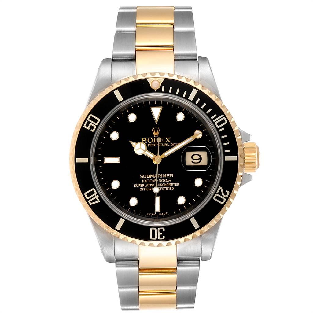 Rolex Submariner Date Steel Yellow Gold Mens Watch 16613 Box Papers. Officially certified chronometer self-winding movement. Stainless steel and 18k yellow gold case 40 mm in diameter. Rolex logo on a crown. Black insert special time-lapse