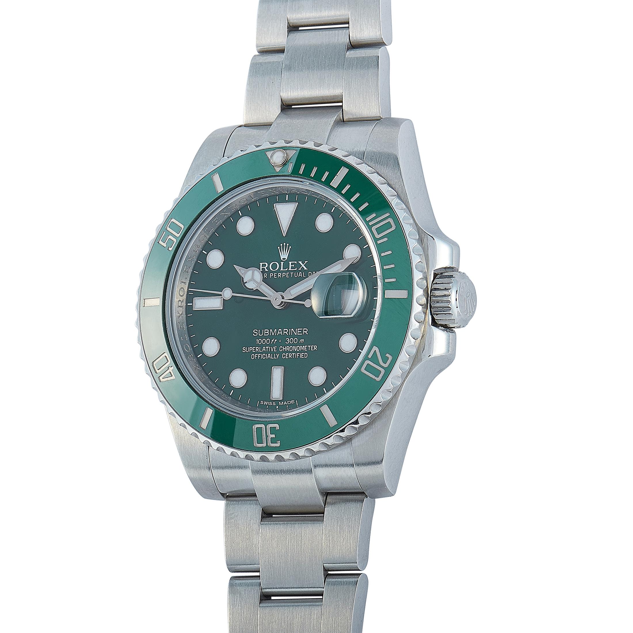 The Rolex Submariner Date, reference number 116610LV-0002, is a member of the renowned “Submariner” collection.

The watch comes with a 40 mm stainless steel case that boasts a unidirectional rotating bezel with scratch-resistant Cerachrom insert in