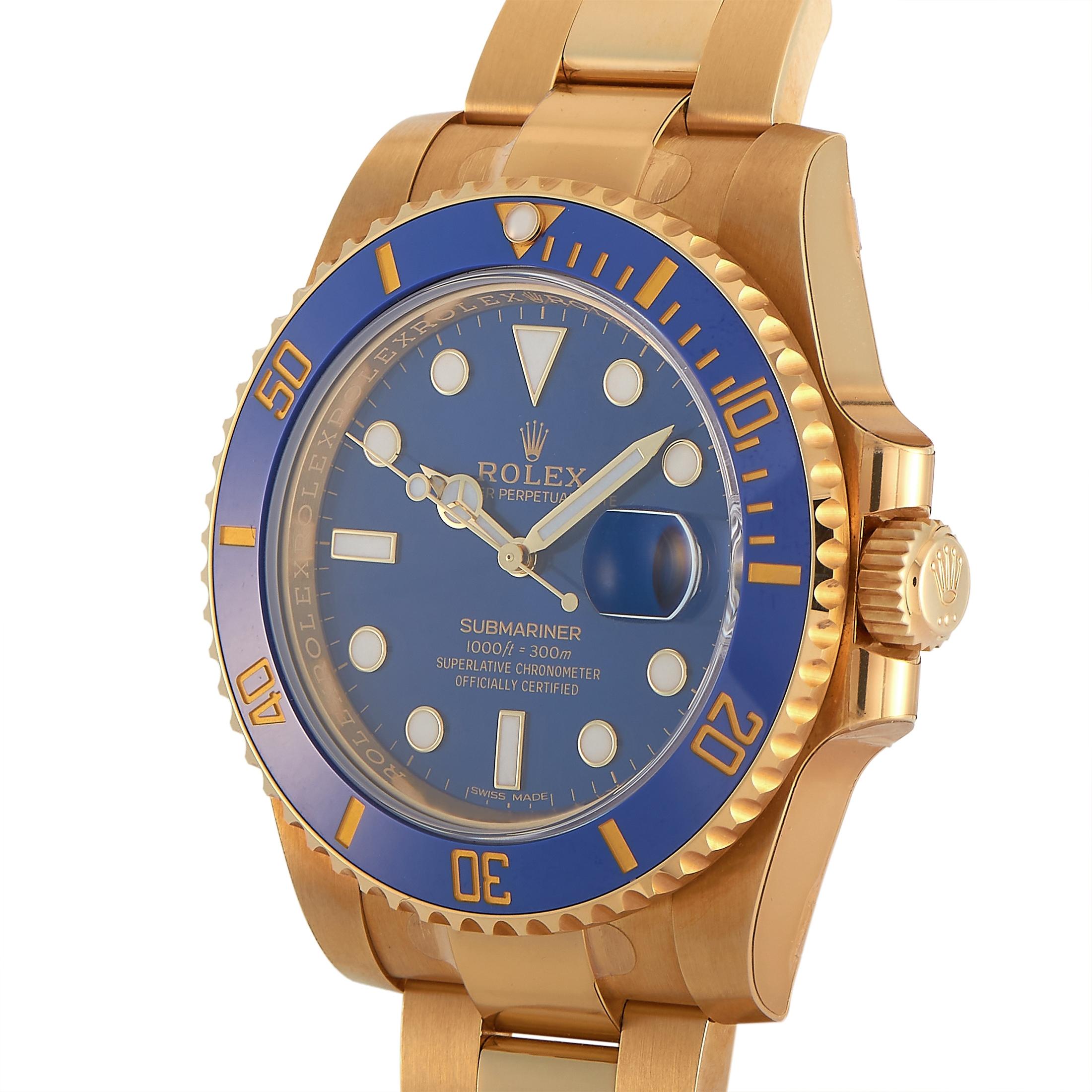 The Rolex Submariner Date, reference number 116618LB, is a member of the superb “Submariner” collection.

The watch comes with a 40 mm 18K yellow gold case that boasts a unidirectional rotating 18K yellow gold bezel with blue Cerachrom insert. The