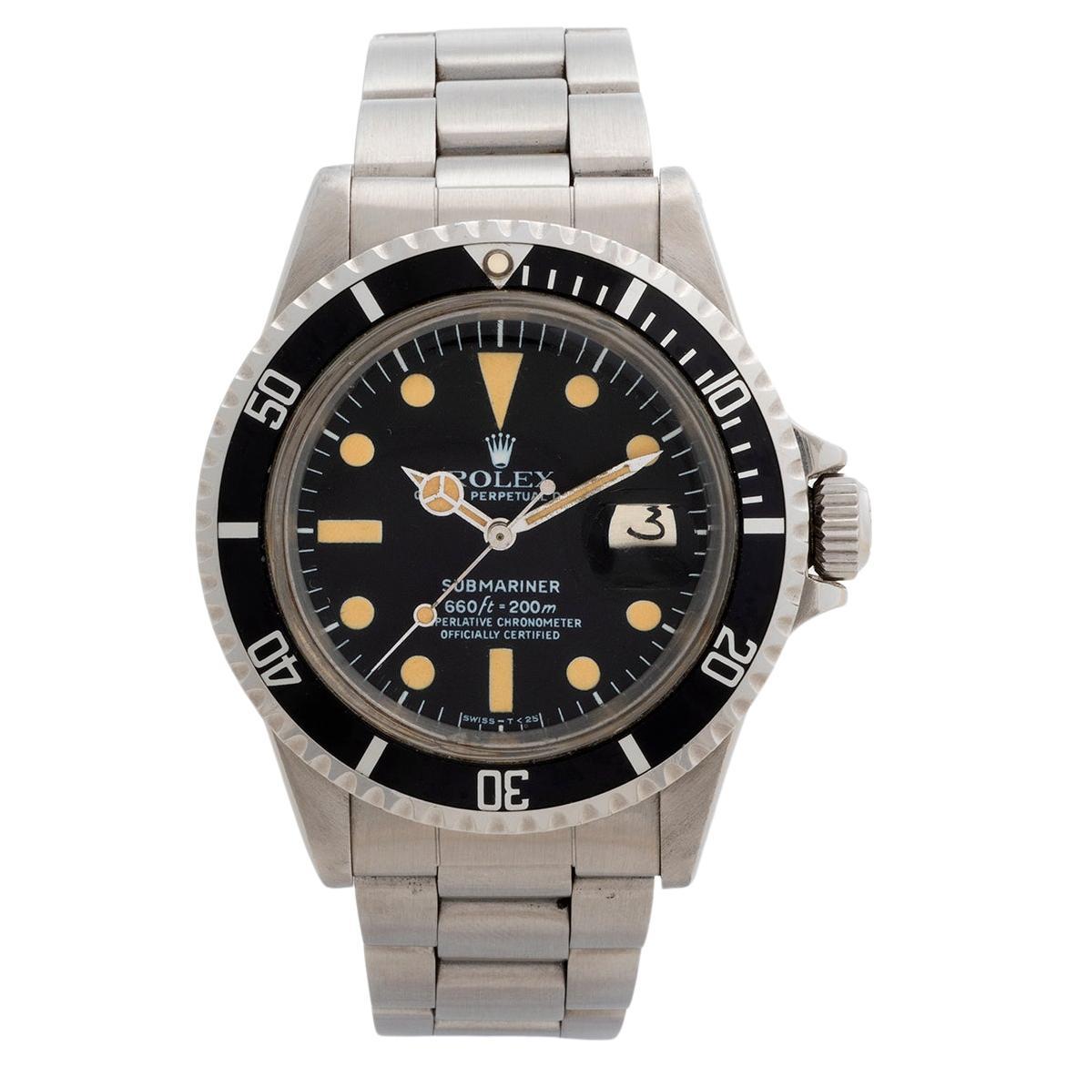 Our vintage and classic Rolex Submariner Date reference 1680 features a stainless steel 40mm case and stainless steel Oyster bracelet with flip lock clasp. The matte black dial and bezel, all of which have developed coeval patination, making for a