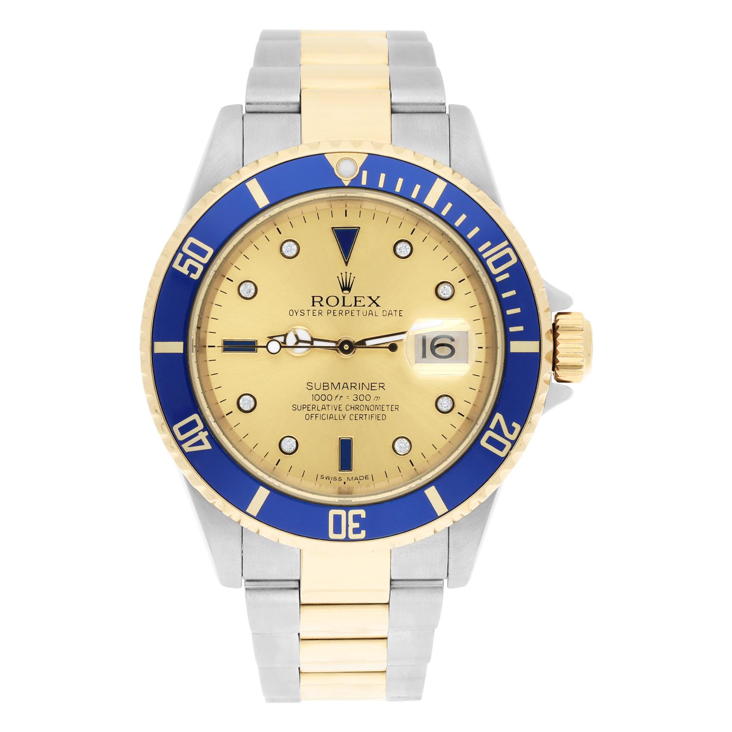 This Rolex Submariner watch is a true luxury item for any man. With a multicolored 18K yellow gold and stainless steel band/strap, and an 18K yellow gold and stainless steel case color, this watch exudes class and style. The champagne serti dial is