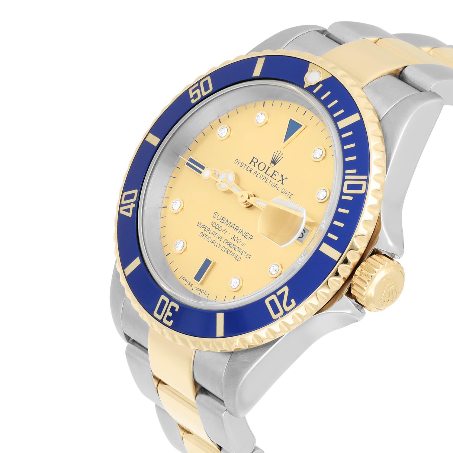 Rolex Submariner Date Montre or jaune/acier Serti cadran diamants 16613 Excellent état - En vente à New York, NY