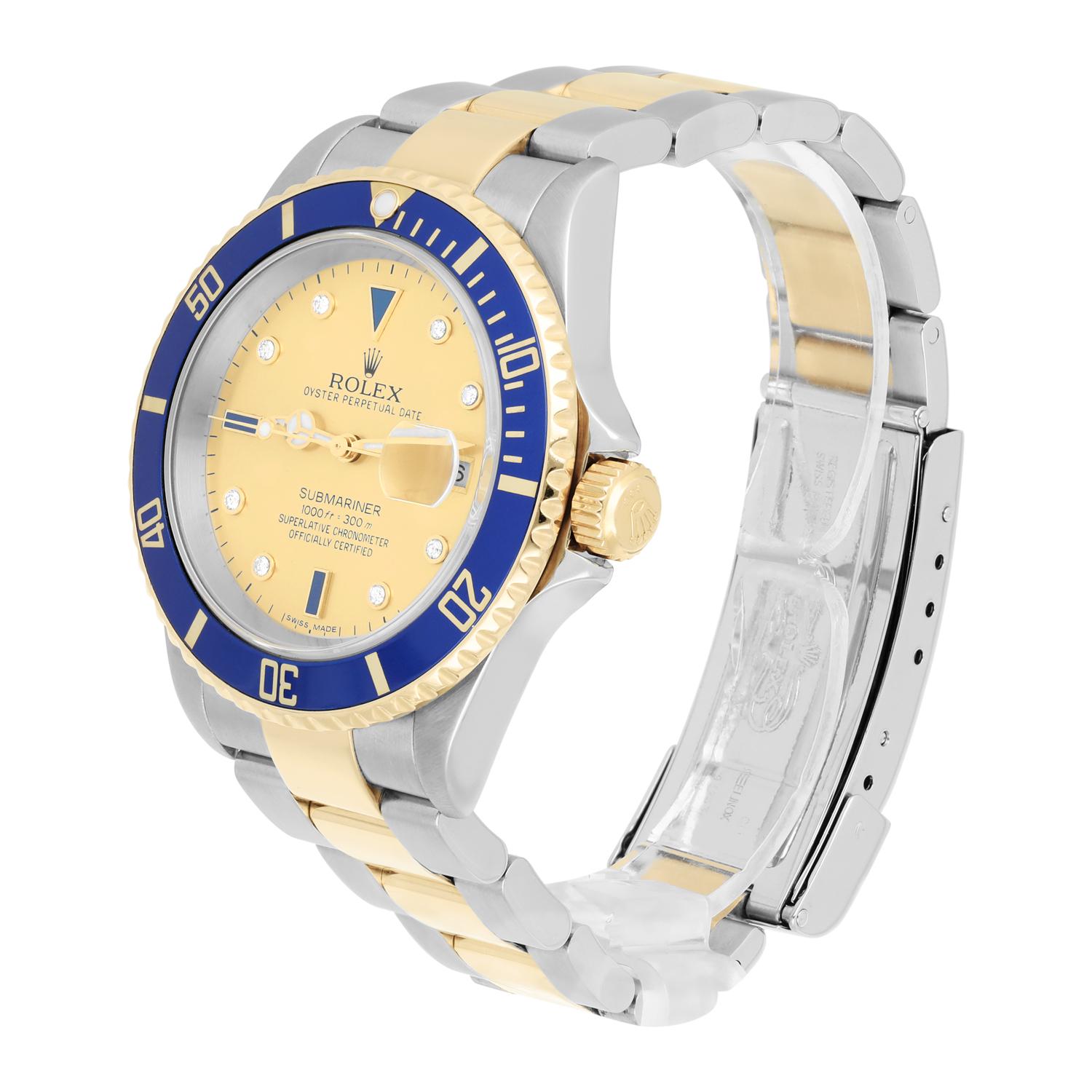 Men's Rolex Submariner Date Yellow Gold/Steel Serti Gold Diamond Dial Watch 16613 For Sale