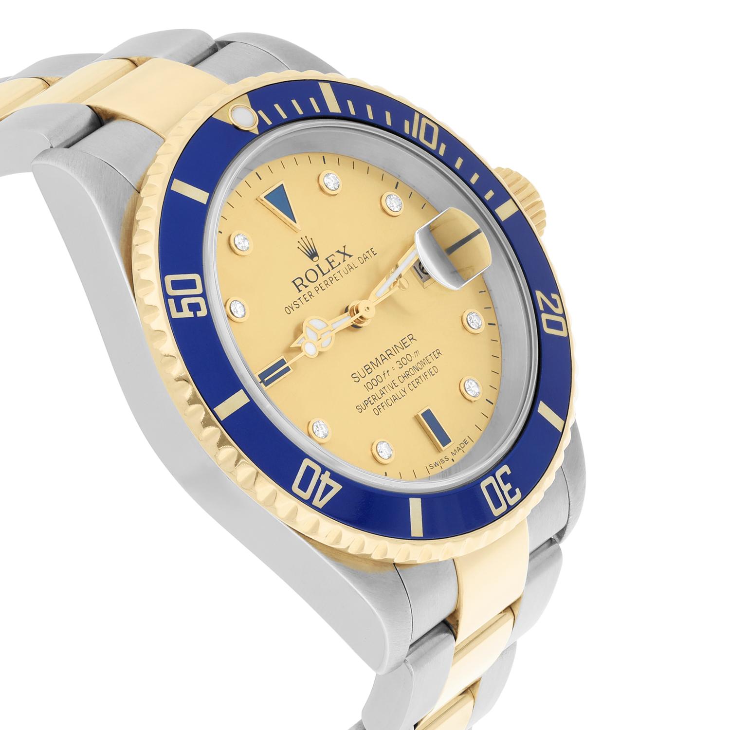 Rolex Submariner Date Montre or jaune/acier Serti cadran diamants 16613 en vente 1