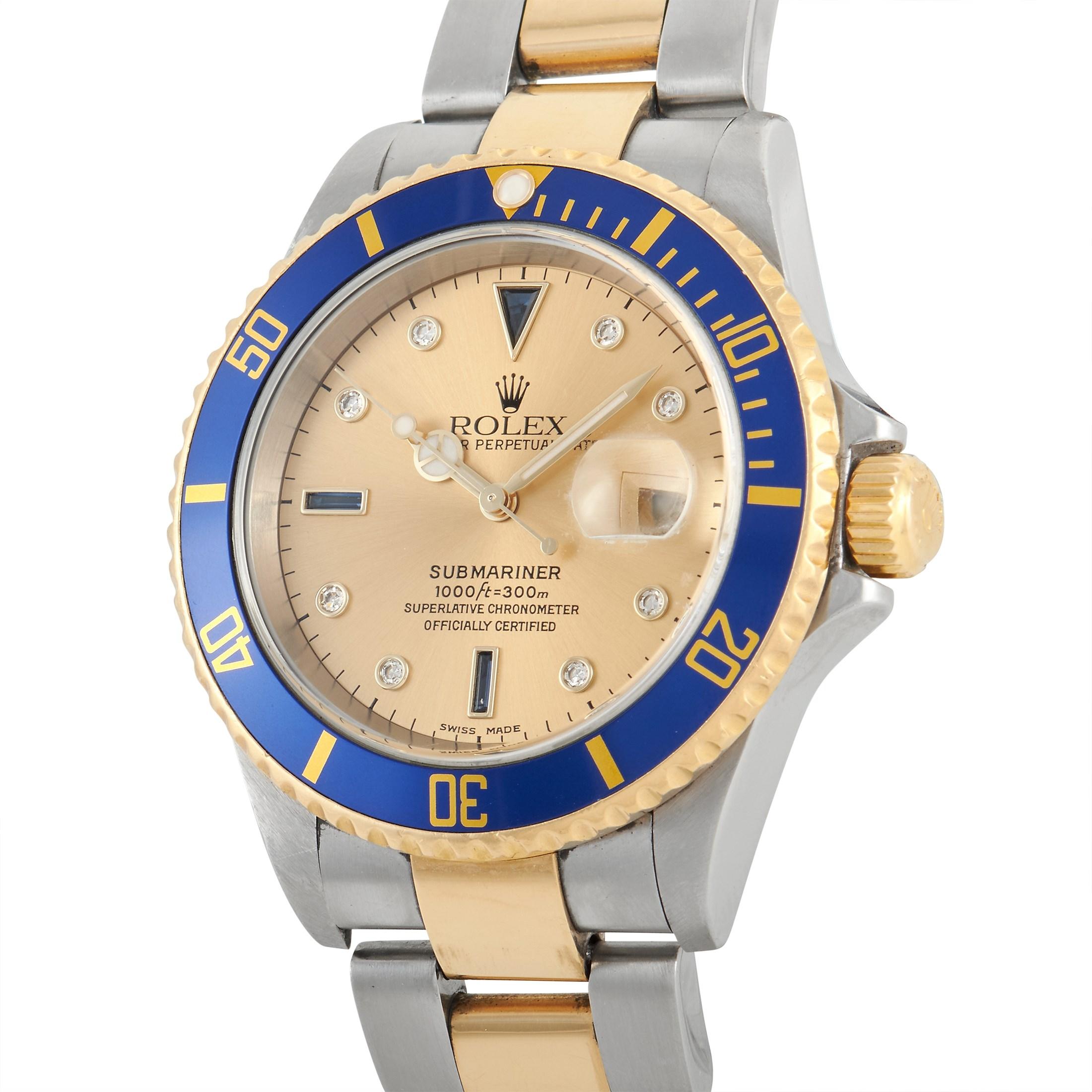 The Rolex Submariner Diamond Sapphire Watch, reference number 16613, is a piece that exudes the type of luxury the Rolex brand is famous for.

This watch includes a 40mm stainless steel case that is accented by a solid 18k yellow gold bezel with a