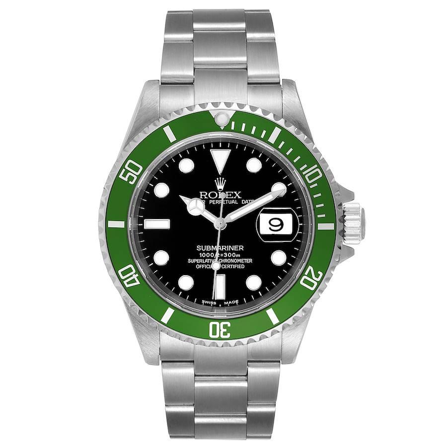 Rolex Submariner Flat 4 Green 50th Anniversary Watch 16610LV Box Papers. Officially certified chronometer self-winding movement. Stainless steel oyster case 40.0 mm in diameter. Rolex logo on a crown. Special time-lapse unidirectional rotating bezel