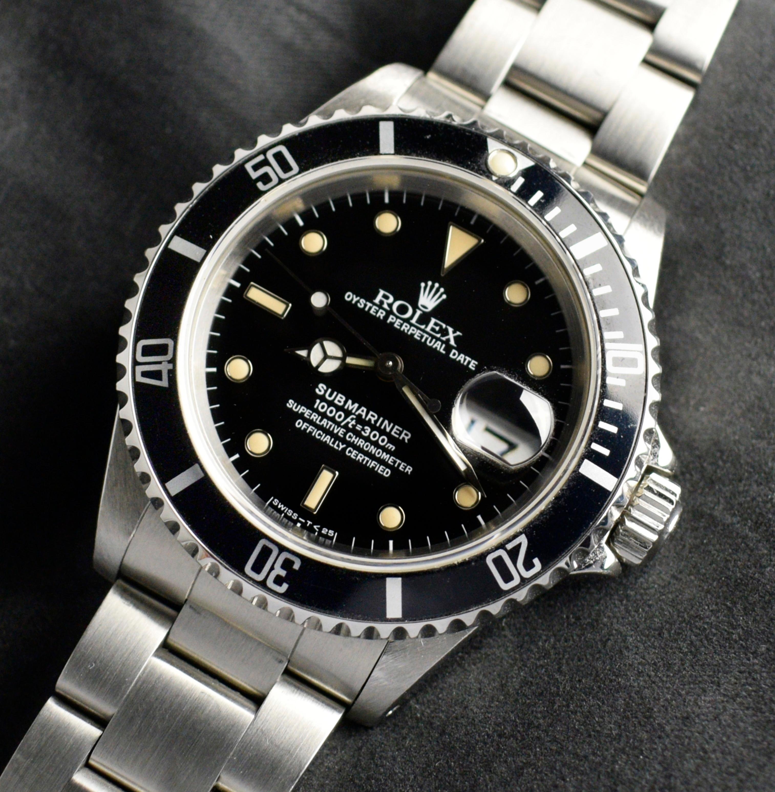 Brand: Rolex
Model: 16610
Year: 1990
Serial number: E8xxxxx
Reference: OT1573

Case: Show sign of wear w/ slight polish from previous ; inner case back stamped 16610

Dial: Excellent Condition Black Tritium Dial where the indexes have turned into