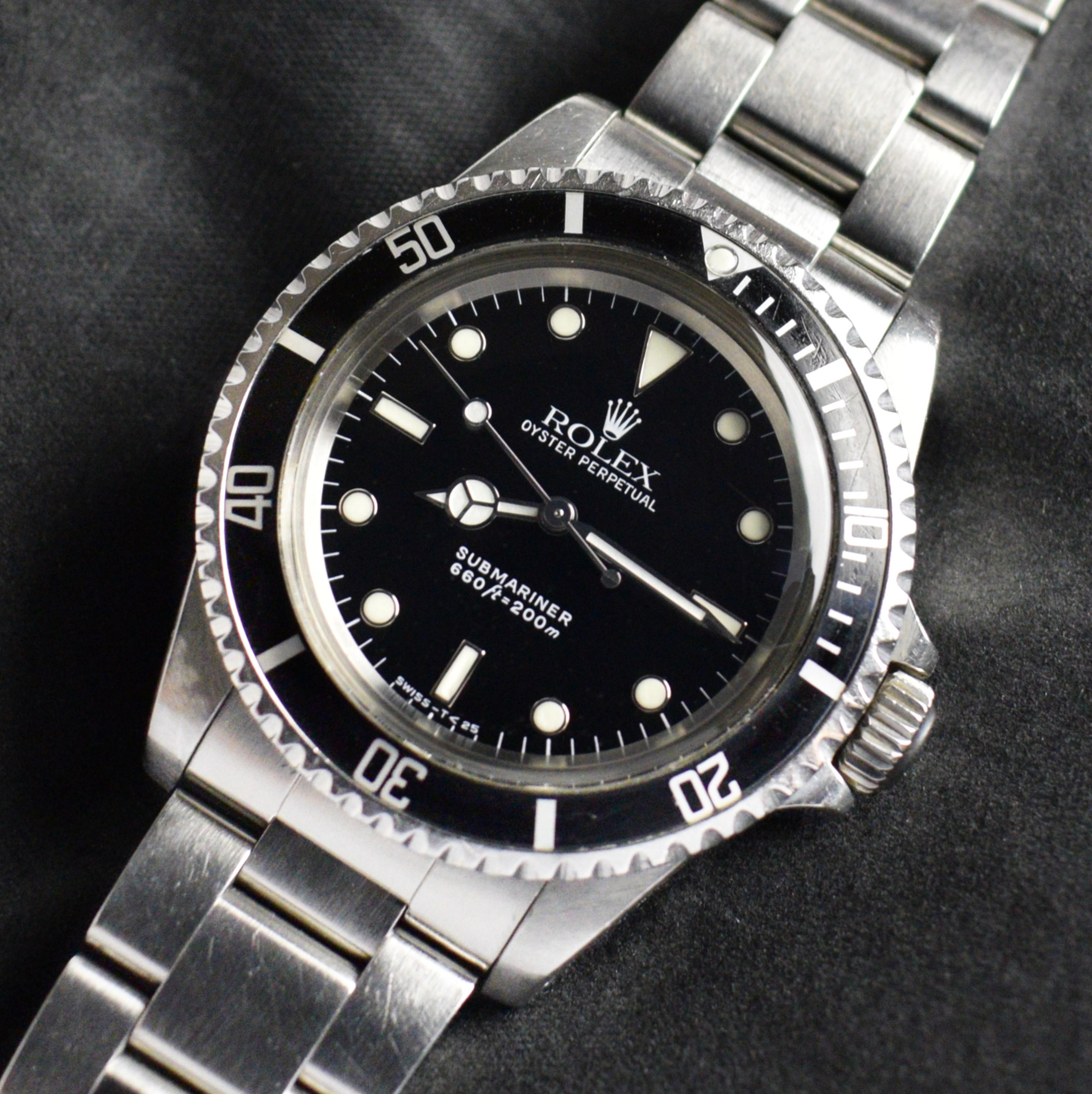 Brand: Vintage Rolex
Model: 5513
Year: 1985
Serial number: 86xxxxx
Reference: C03607; C03635

Case: Show sign of wear with slight polish from previous; inner case back stamped 5512

Dial: Excellent Condition Black Glossy T<25 Dial where the dial has