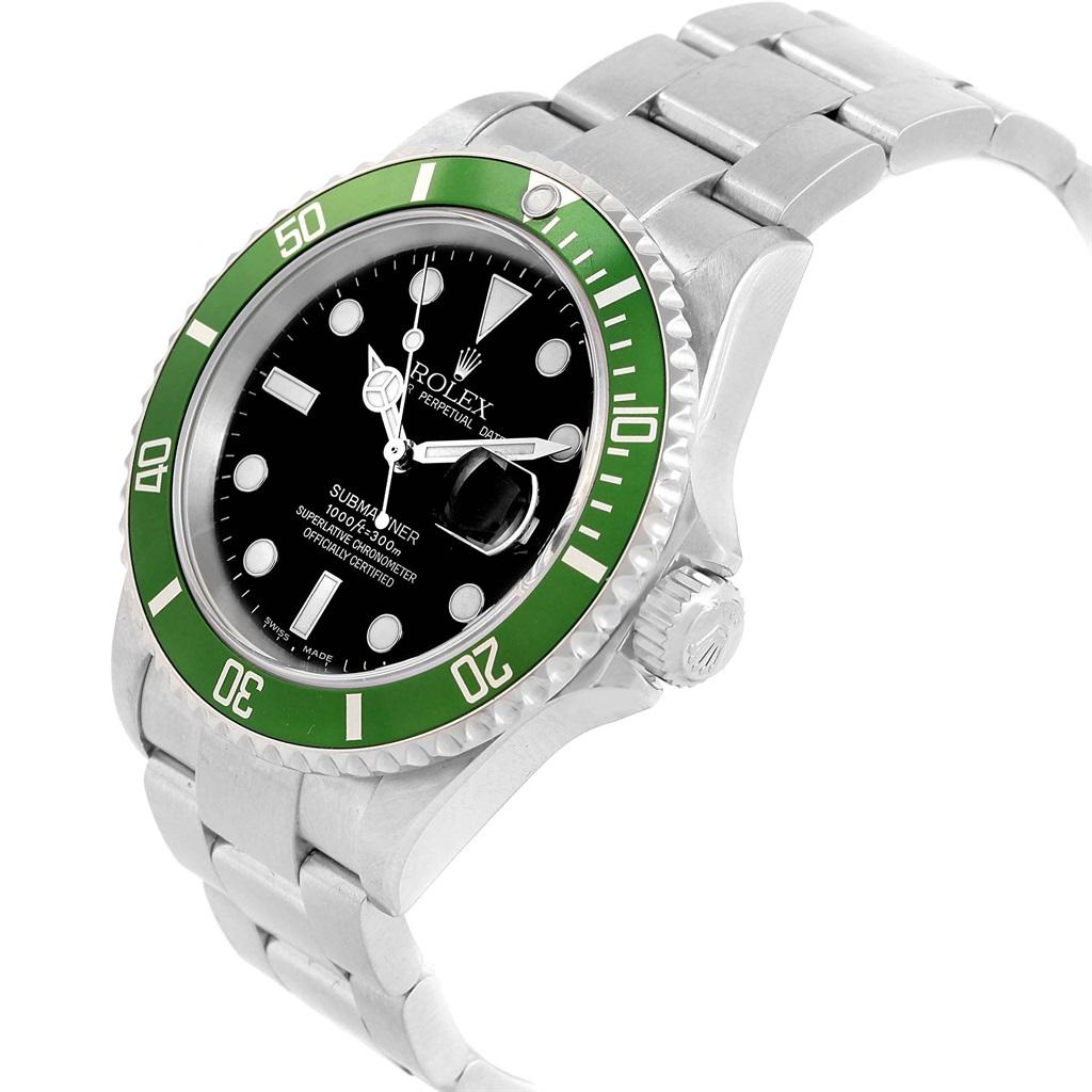 Rolex Submariner Green 50th Anniversary Flat 4 Mens Watch 16610LV. Officially certified chronometer automatic self-winding movement. Stainless steel oyster case 40.0 mm in diameter. Rolex logo on a crown. Special time-lapse unidirectional rotating
